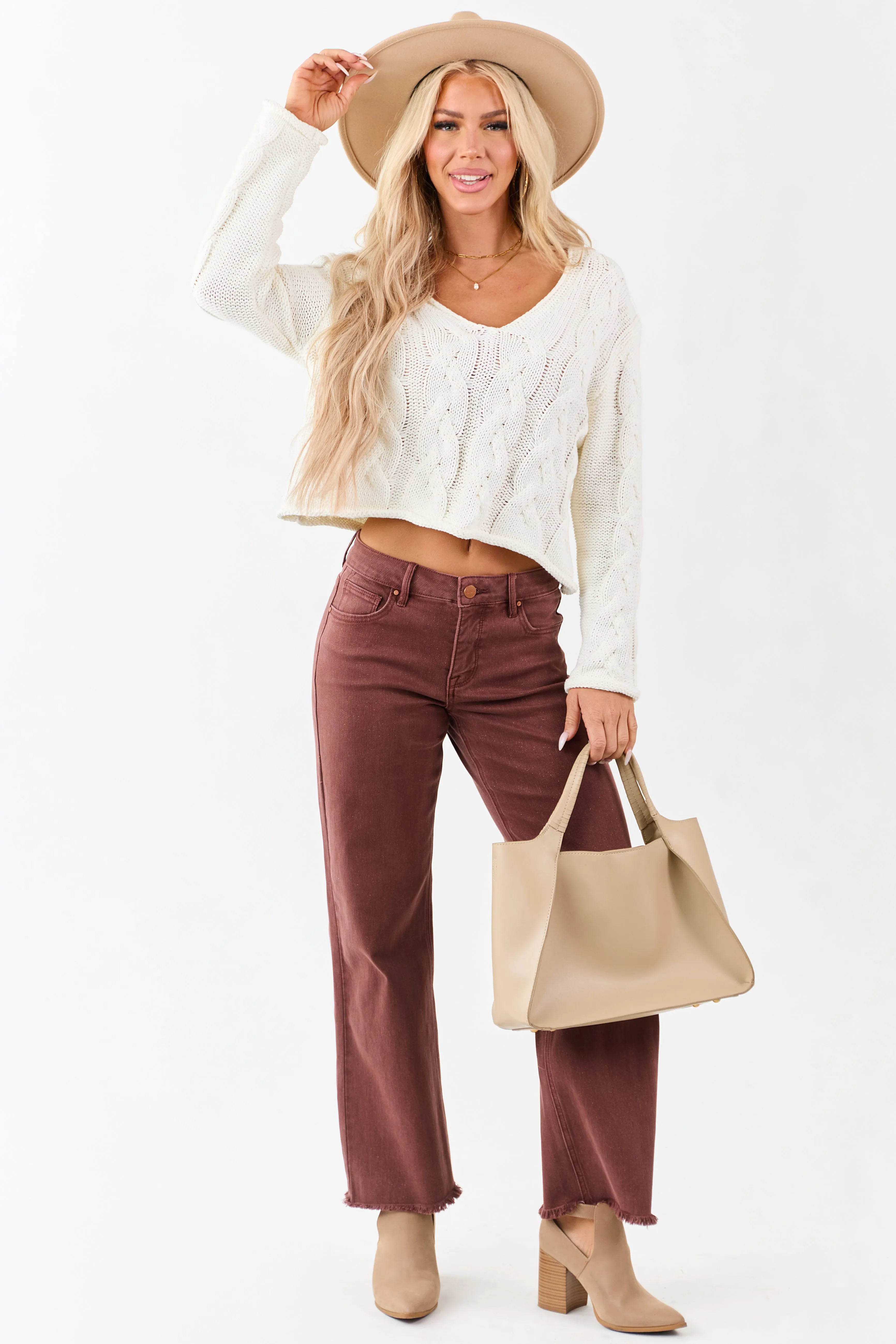 Cream Cable Knit V-Neck Long Sleeve Sweater sold by Lime Lush product image thumbnail 2