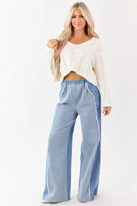 Light Wash Colorblock Elastic Waist Wide Denim Pants sold by Lime Lush