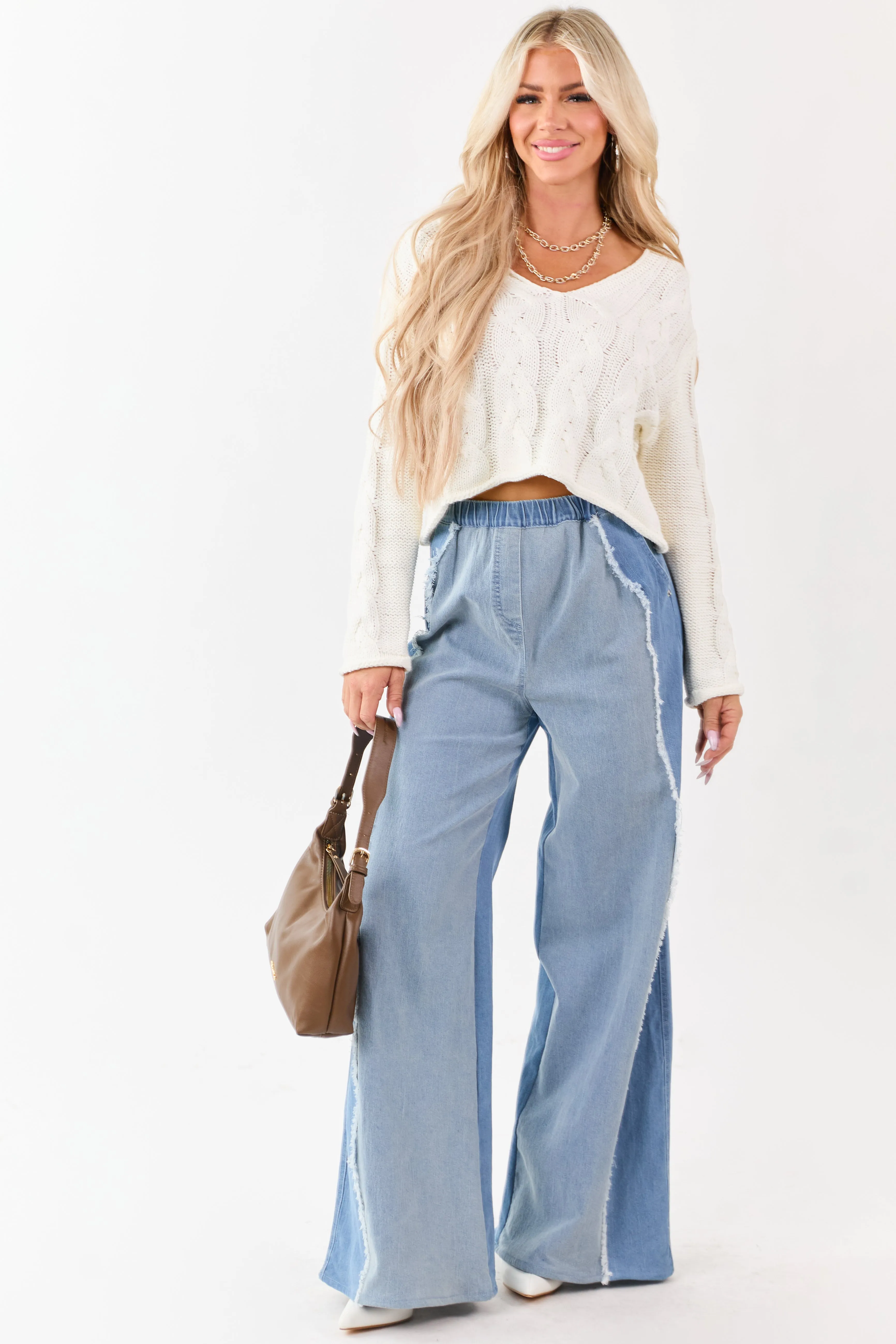 Light Wash Colorblock Elastic Waist Wide Denim Pants sold by Lime Lush product image thumbnail 5