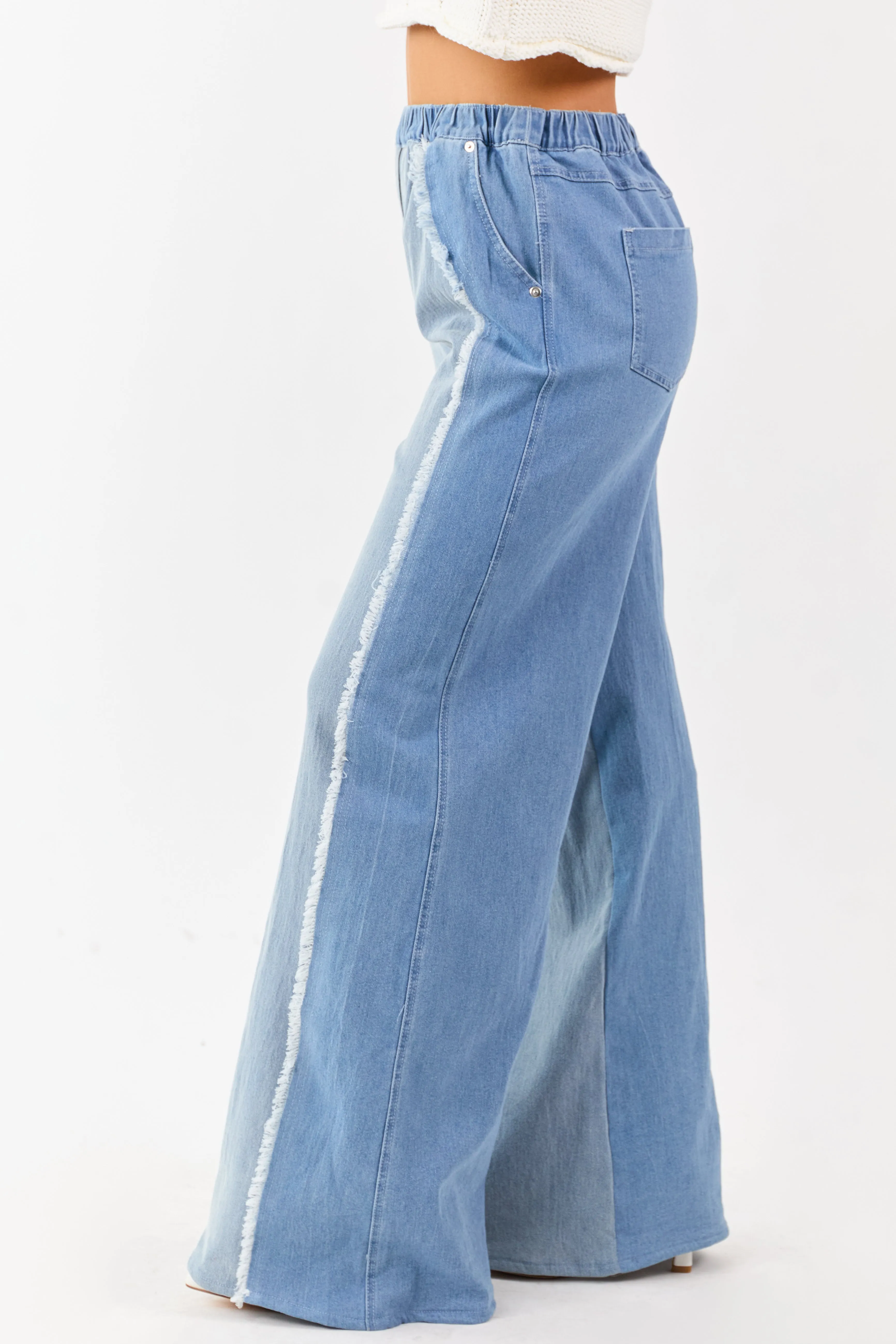 Light Wash Colorblock Elastic Waist Wide Denim Pants sold by Lime Lush product image thumbnail 2