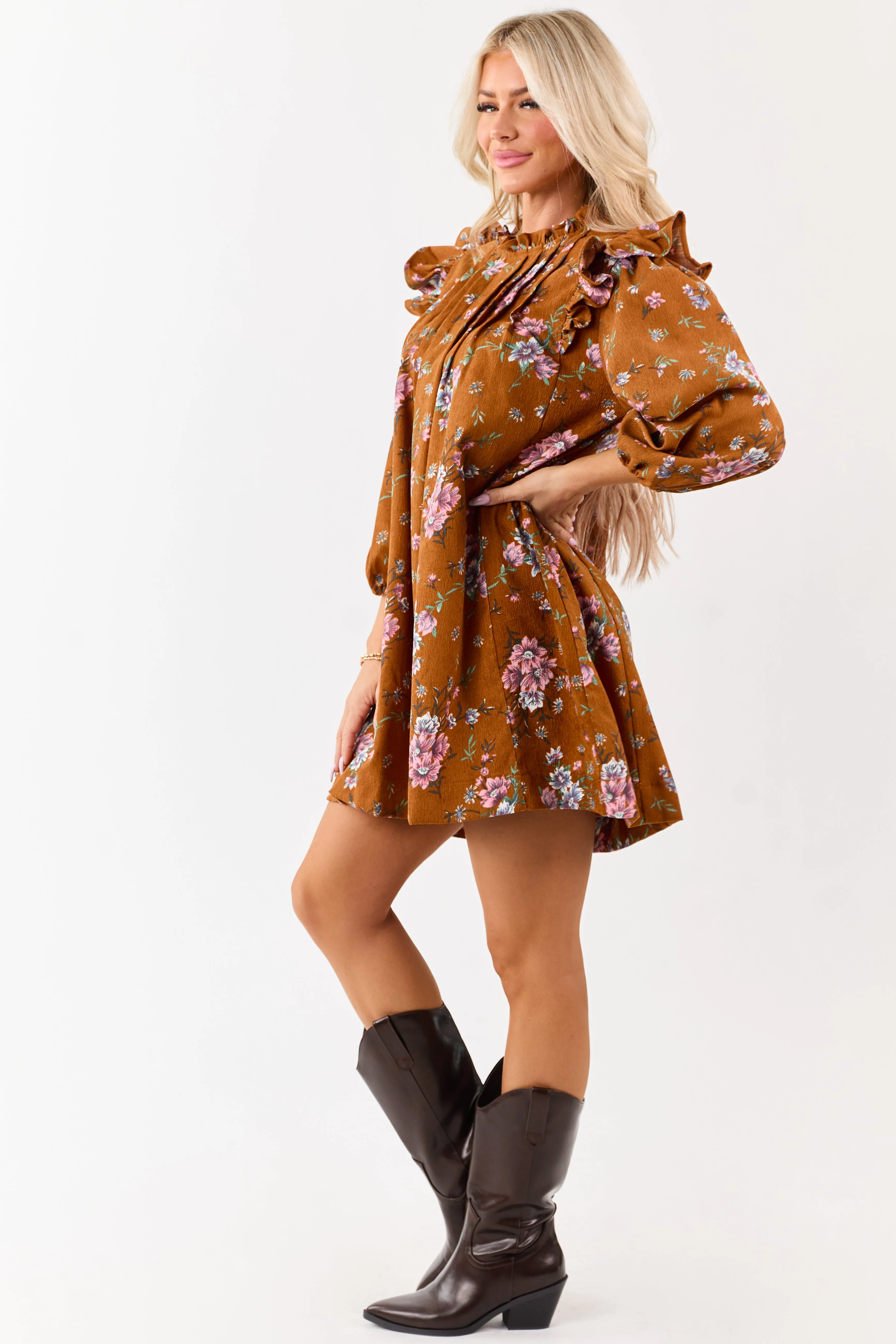 Sedona Floral Corduroy Pintuck Ruffle Mini Dress sold by Lime Lush product image thumbnail 4