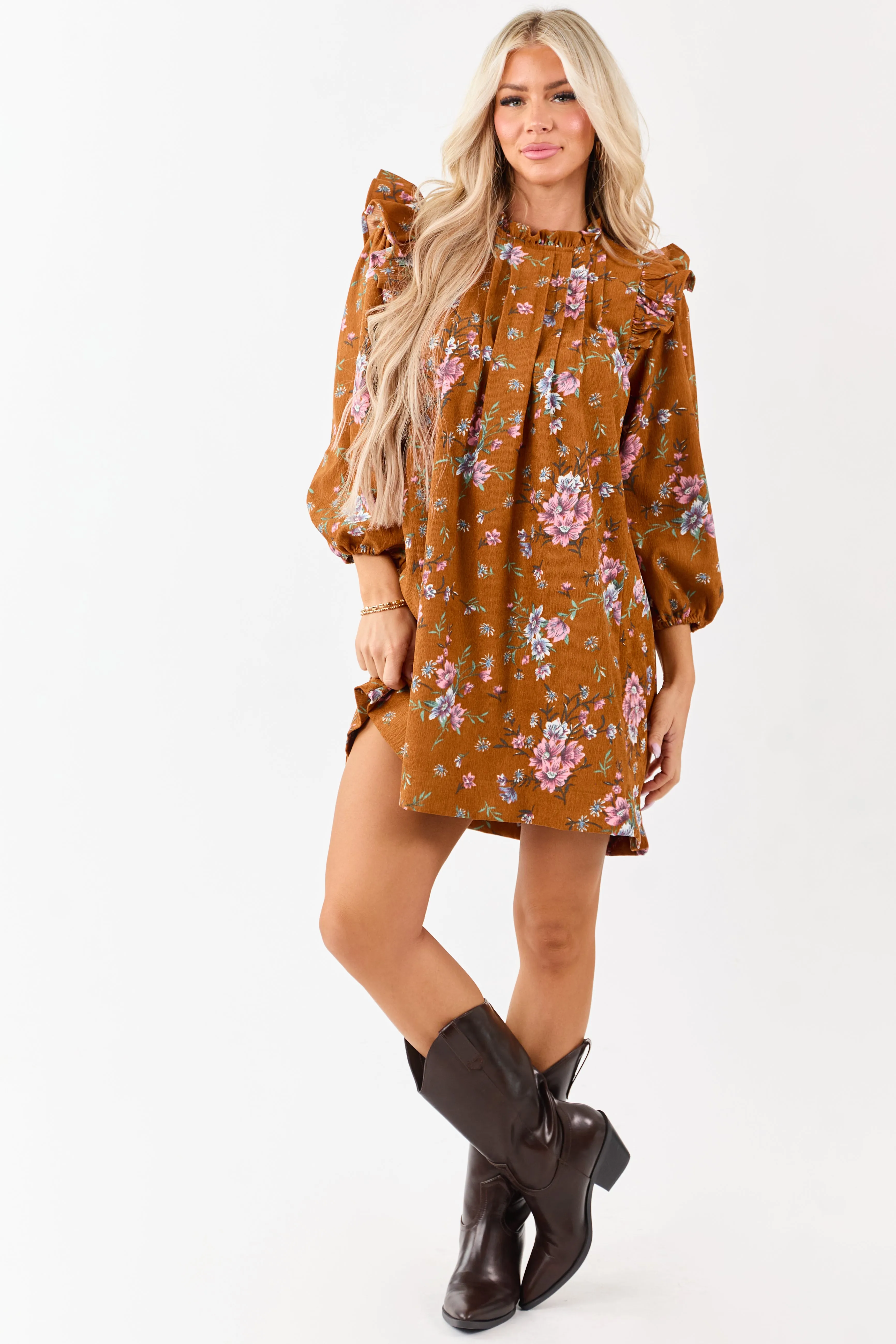 Sedona Floral Corduroy Pintuck Ruffle Mini Dress sold by Lime Lush product image thumbnail 2