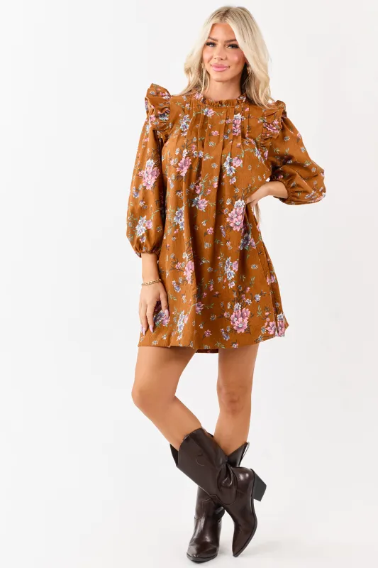 Sedona Floral Corduroy Pintuck Ruffle Mini Dress sold by Lime Lush
