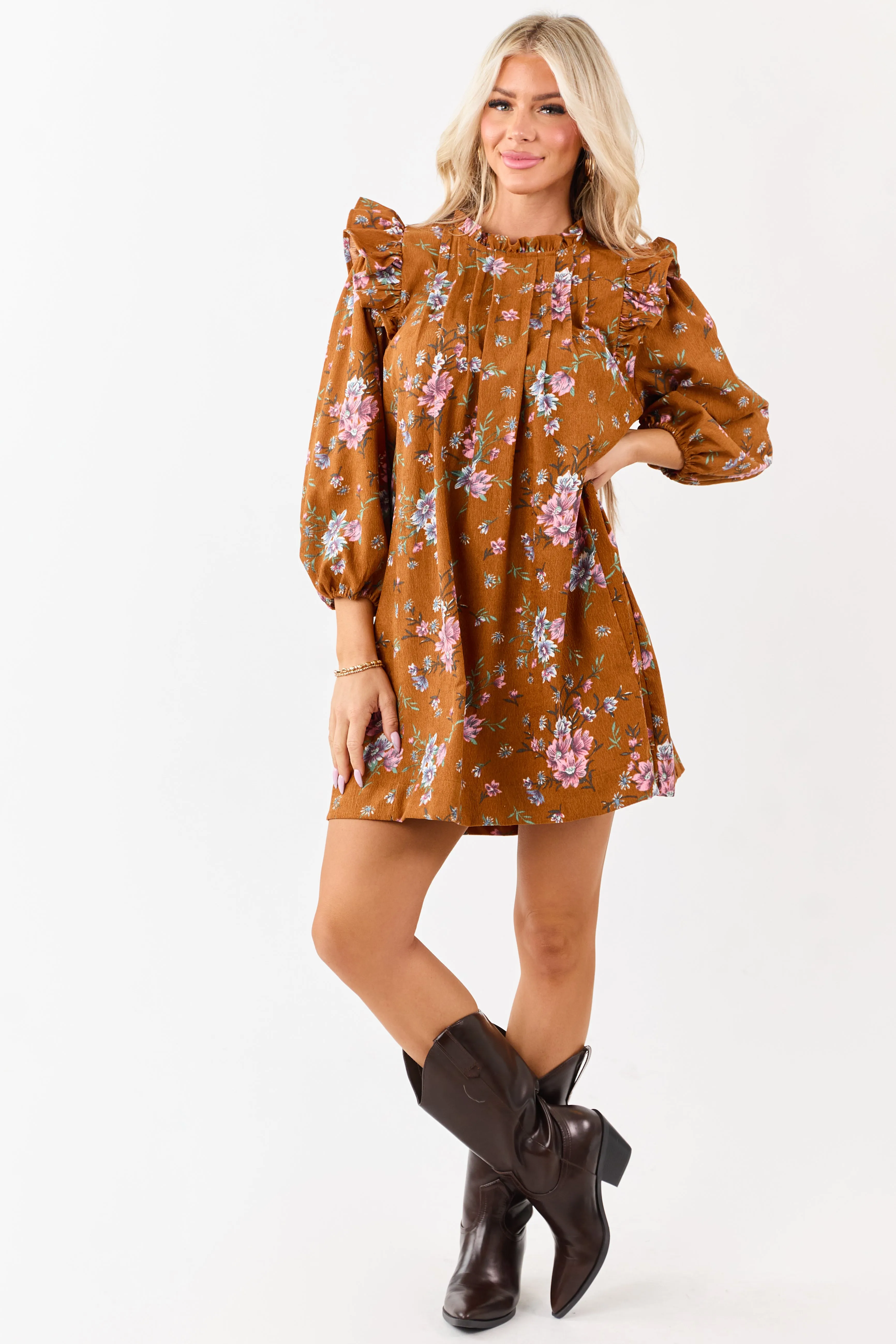 Sedona Floral Corduroy Pintuck Ruffle Mini Dress sold by Lime Lush