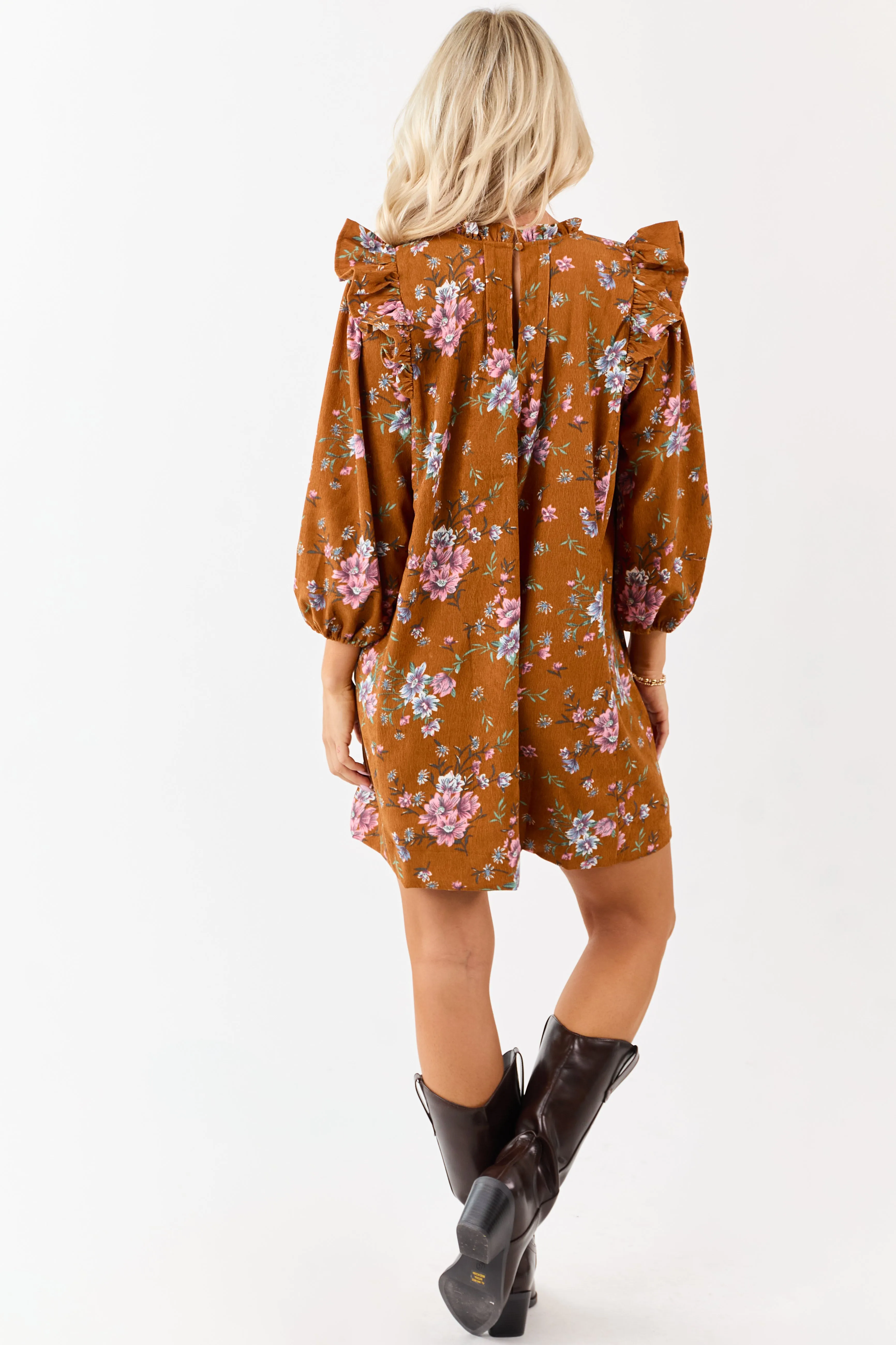 Sedona Floral Corduroy Pintuck Ruffle Mini Dress sold by Lime Lush product image thumbnail 5
