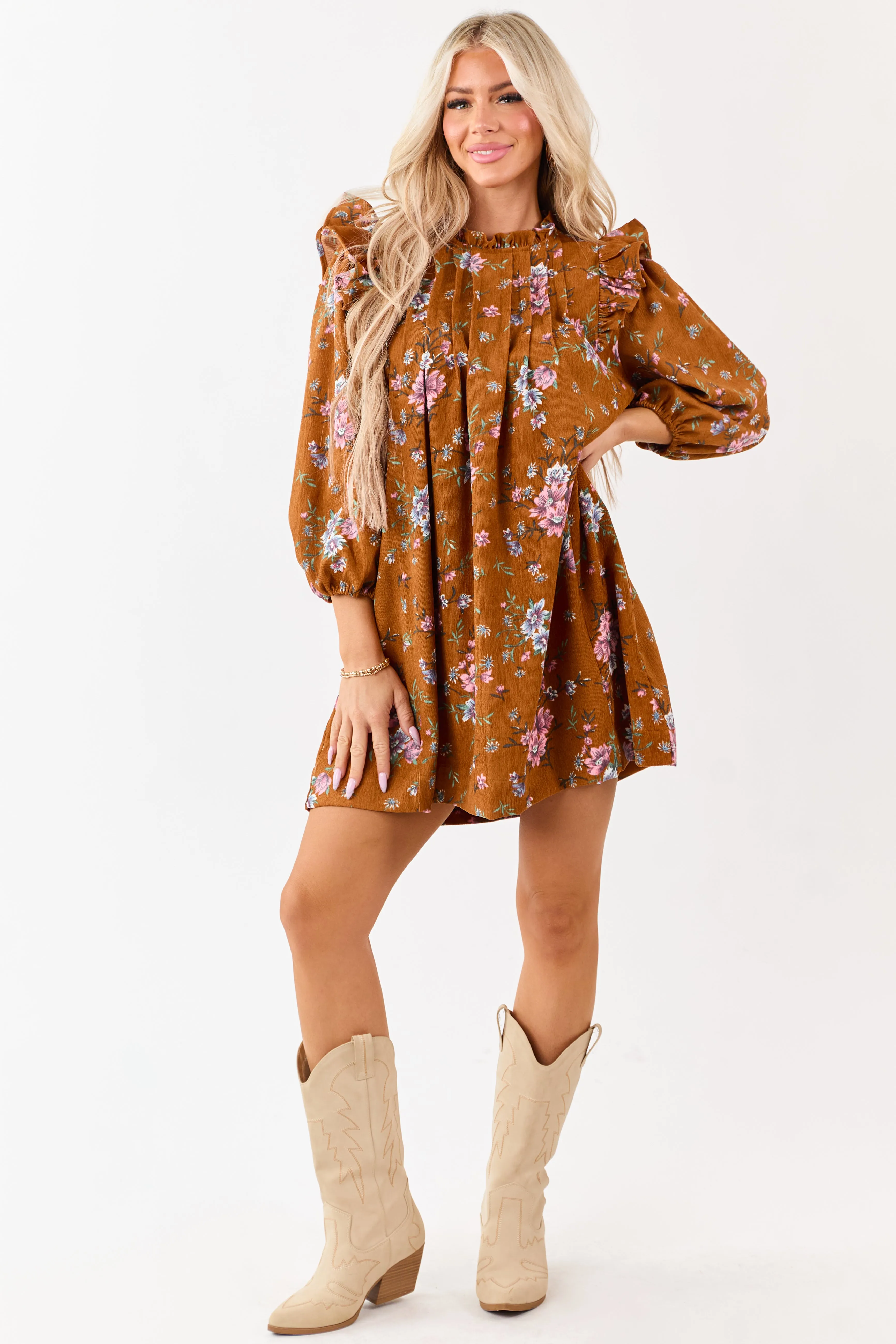 Sedona Floral Corduroy Pintuck Ruffle Mini Dress sold by Lime Lush product image thumbnail 3