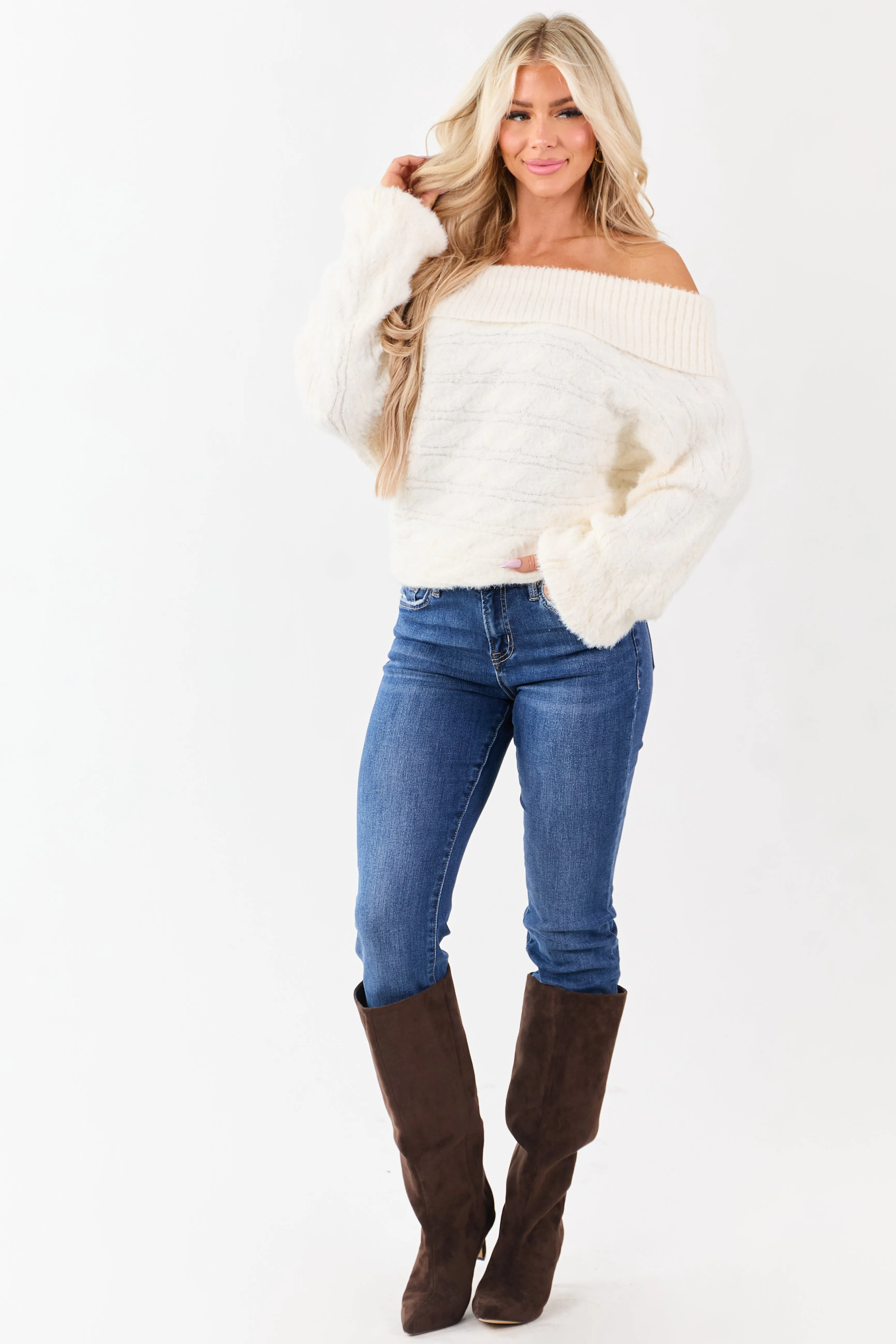 Cream Fold Over Off Shoulder Eyelash Knit Sweater sold by Lime Lush product image thumbnail 2