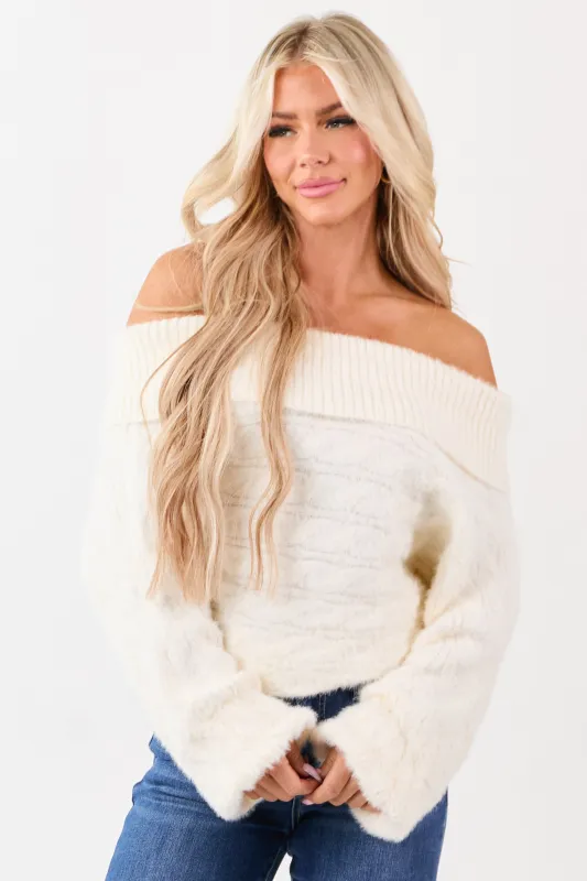 Cream Fold Over Off Shoulder Eyelash Knit Sweater sold by Lime Lush