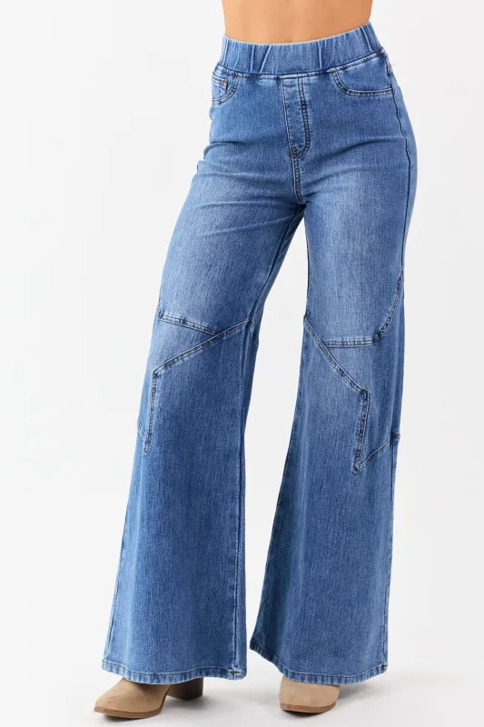 Saige Medium Wash Star Stretchy Wide Pull On Jeans sold by Lime Lush