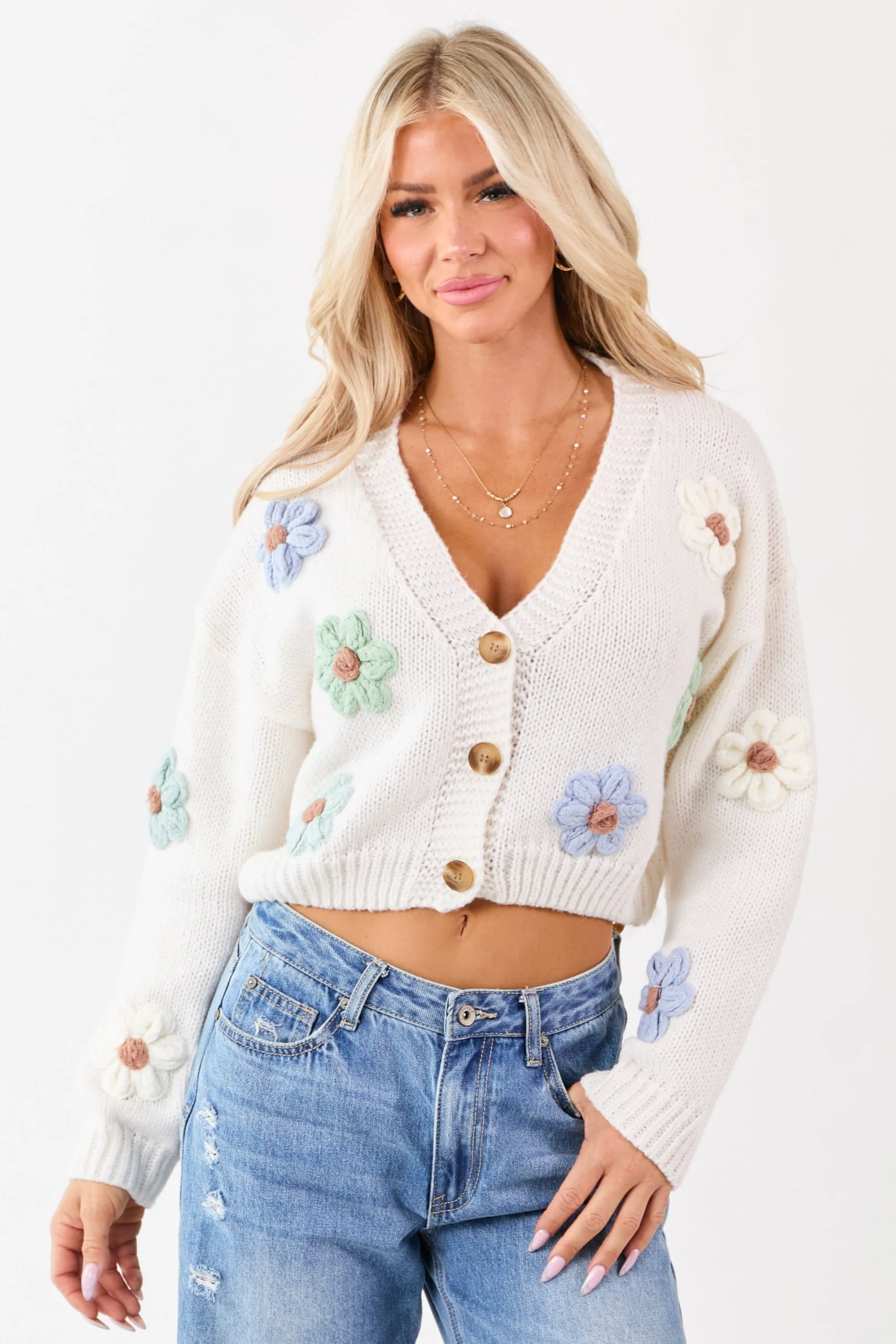 Ivory Floral Patch Button Down Cropped Cardigan sold by Lime Lush