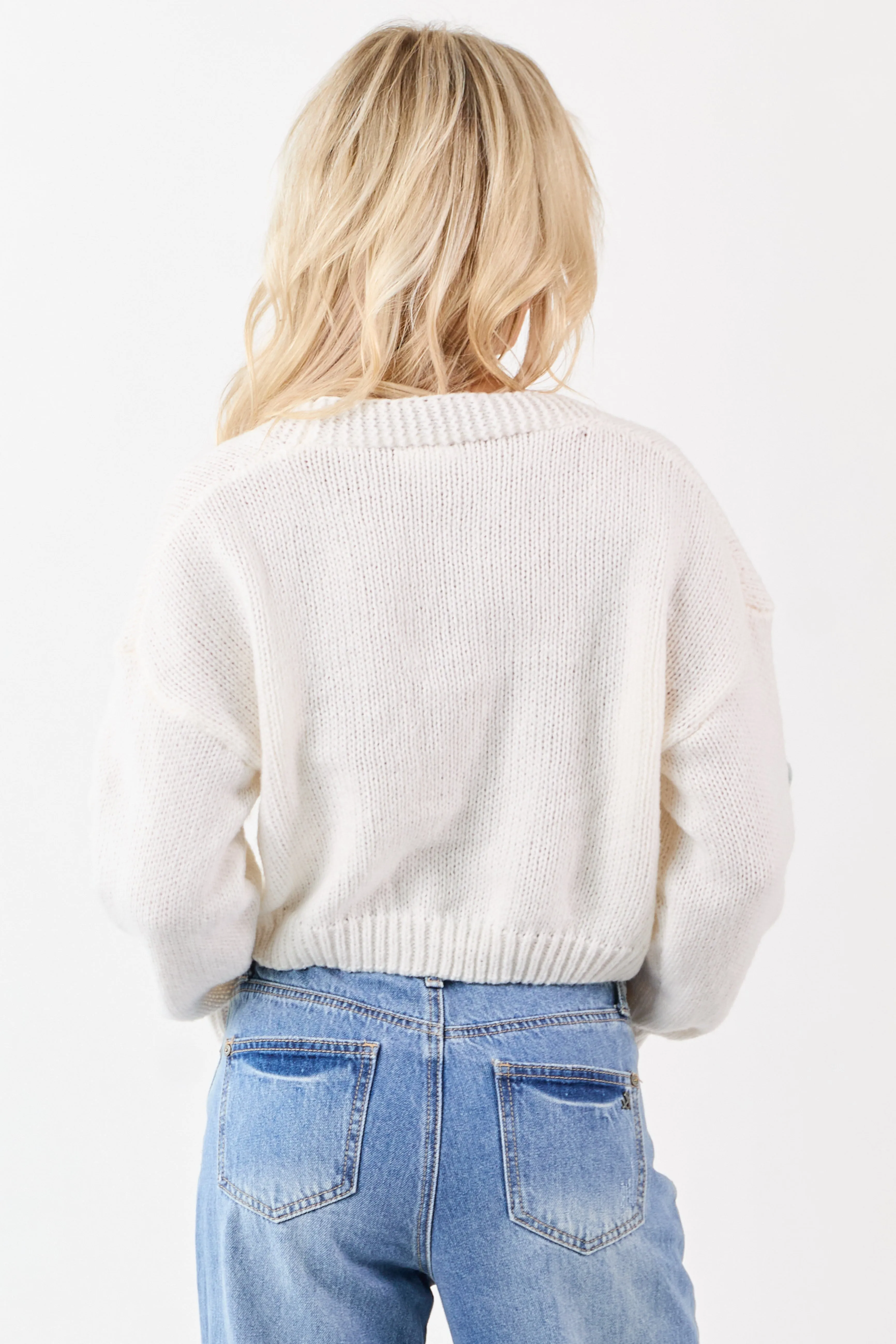 Ivory Floral Patch Button Down Cropped Cardigan sold by Lime Lush product image thumbnail 5