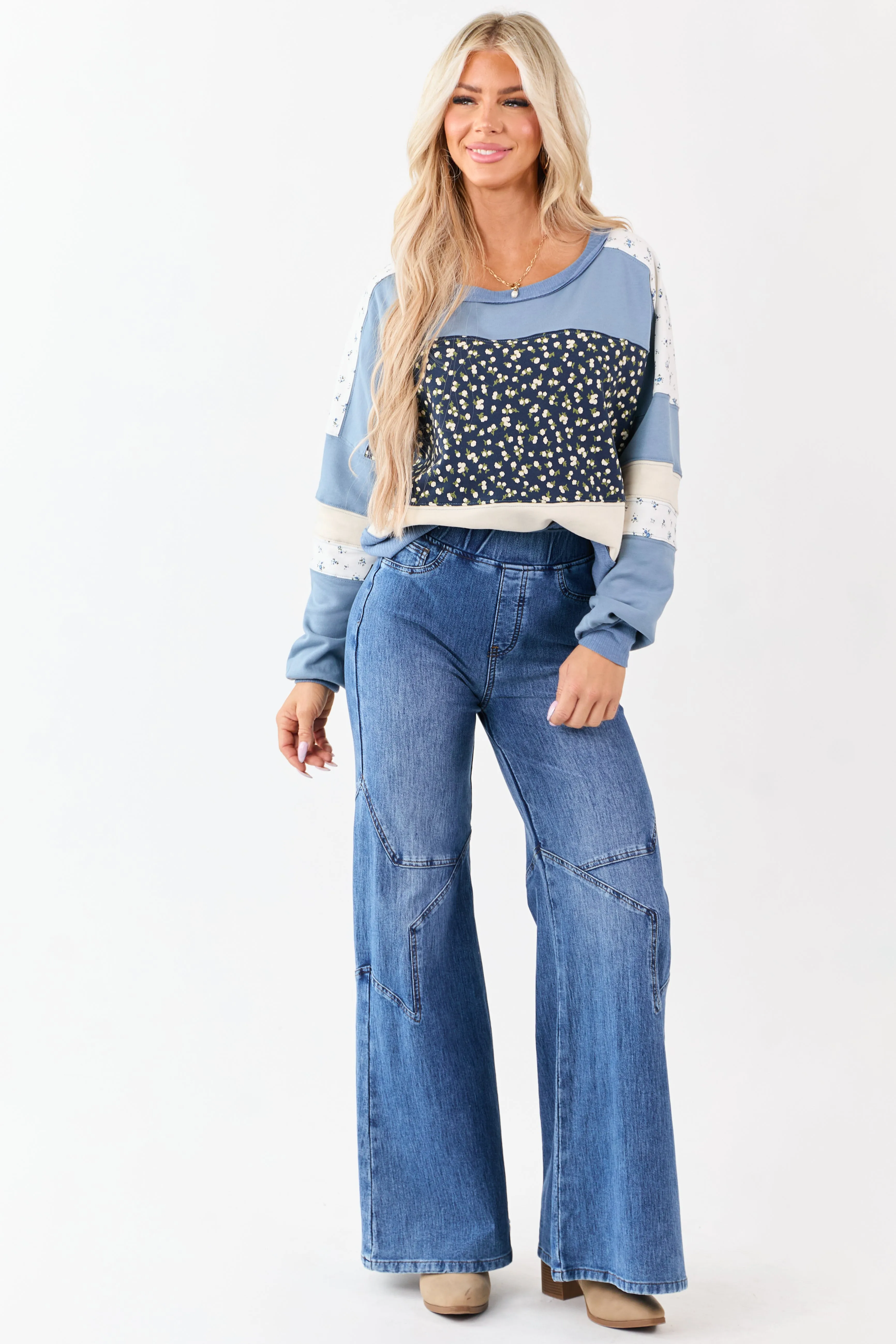 Steel Blue Patchwork Long Sleeve Sweatshirt sold by Lime Lush product image thumbnail 3