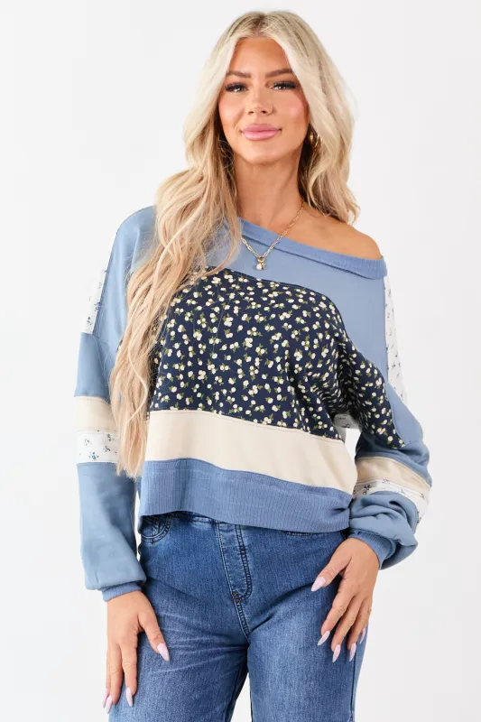Steel Blue Patchwork Long Sleeve Sweatshirt sold by Lime Lush