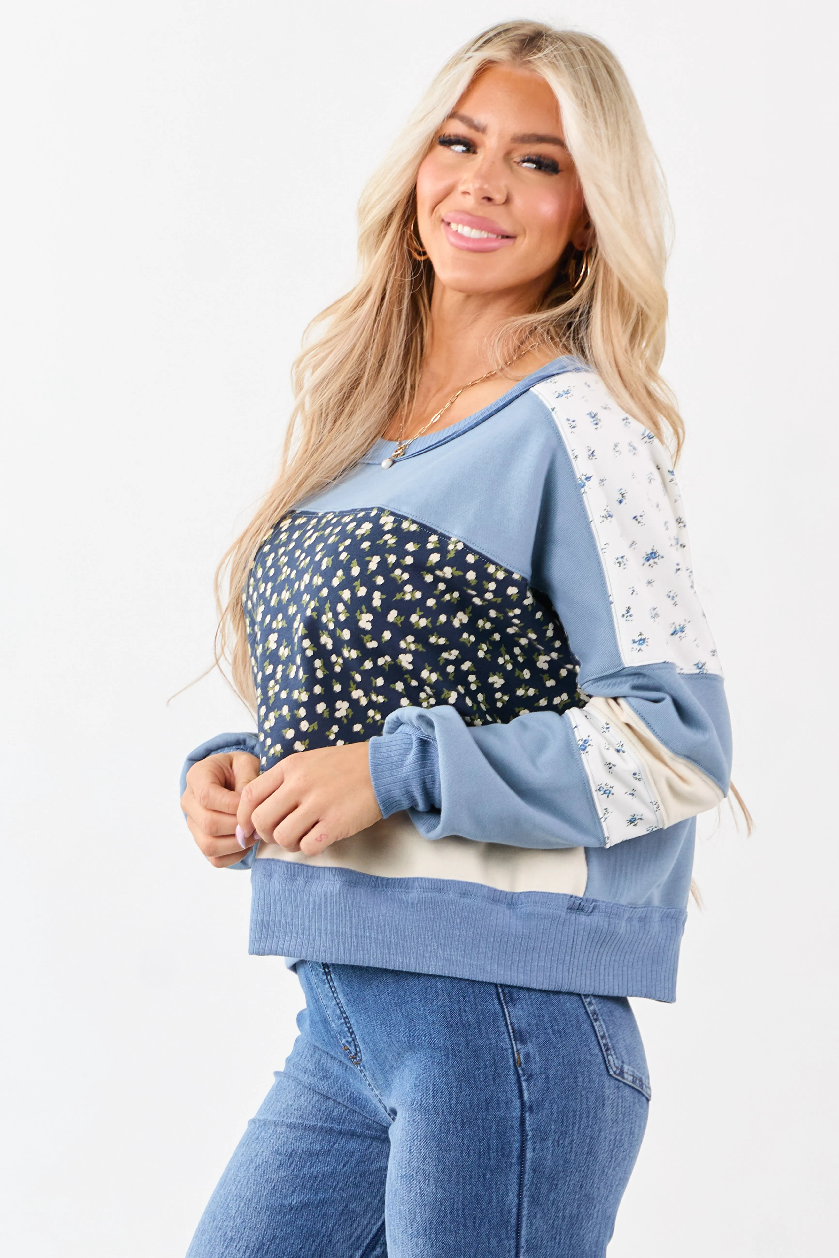 Steel Blue Patchwork Long Sleeve Sweatshirt sold by Lime Lush product image thumbnail 4