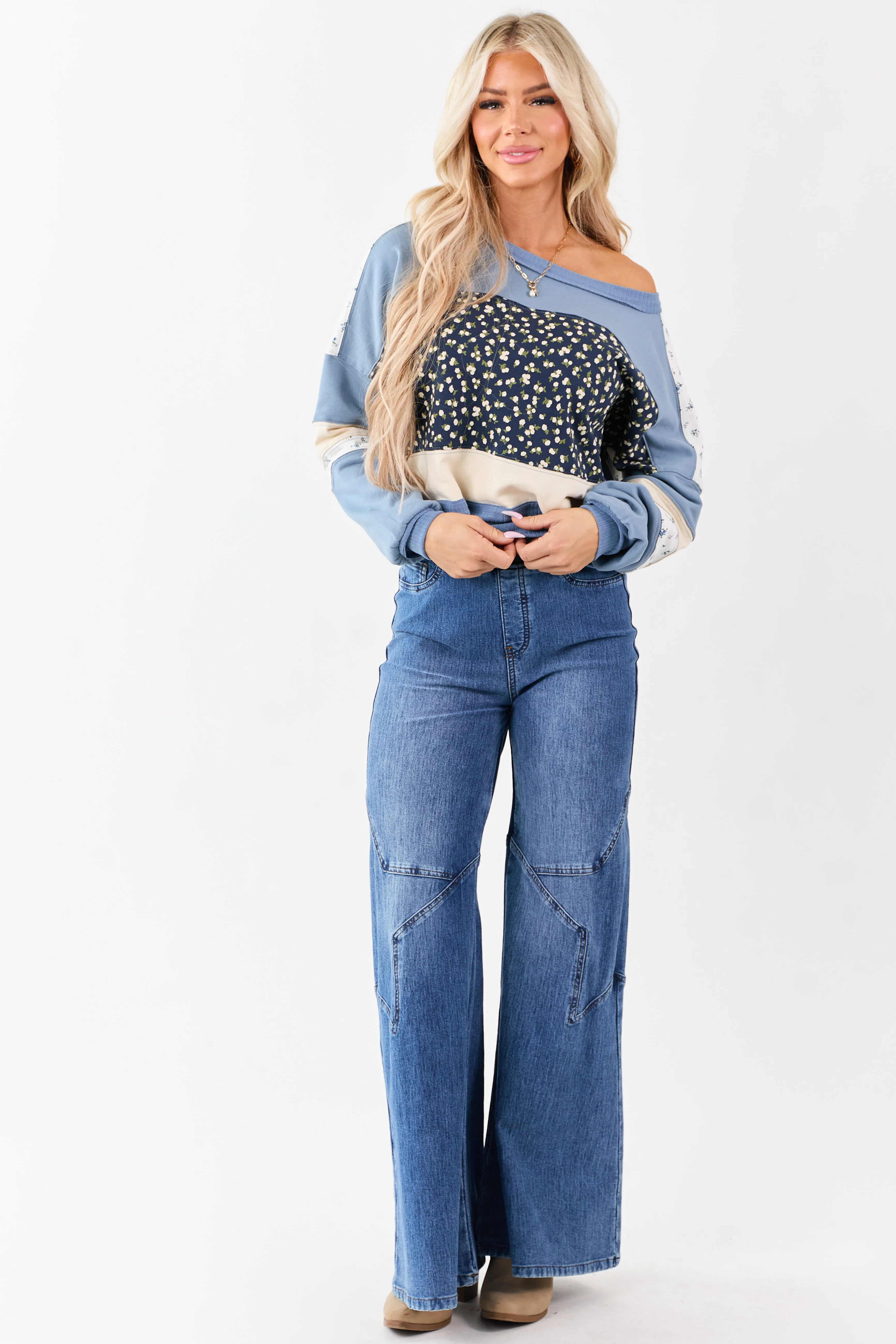 Steel Blue Patchwork Long Sleeve Sweatshirt sold by Lime Lush product image thumbnail 2