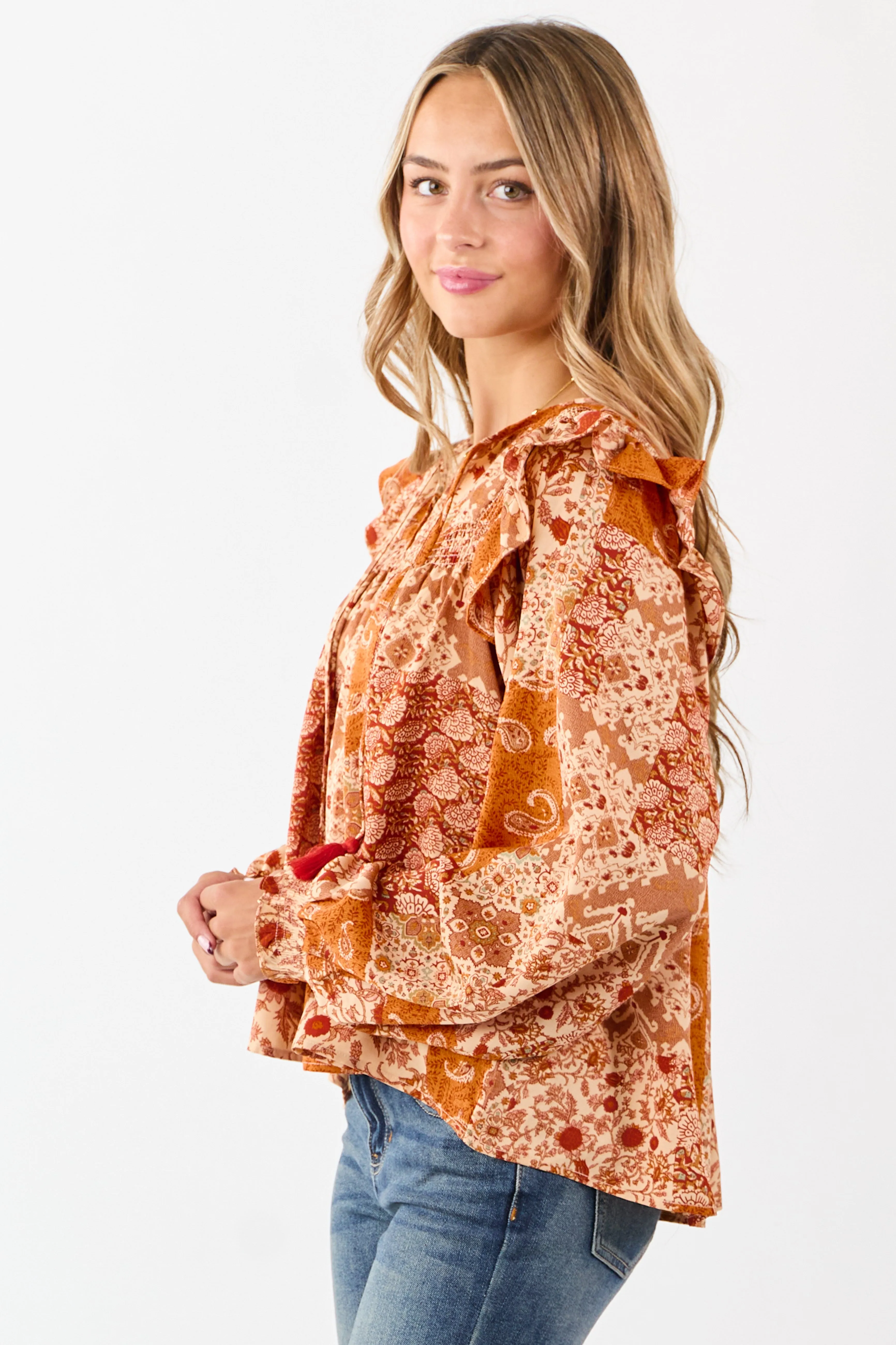 Sunrise Boho Paisley Patchwork Ruffled Cotton Blouse sold by Lime Lush product image thumbnail 4