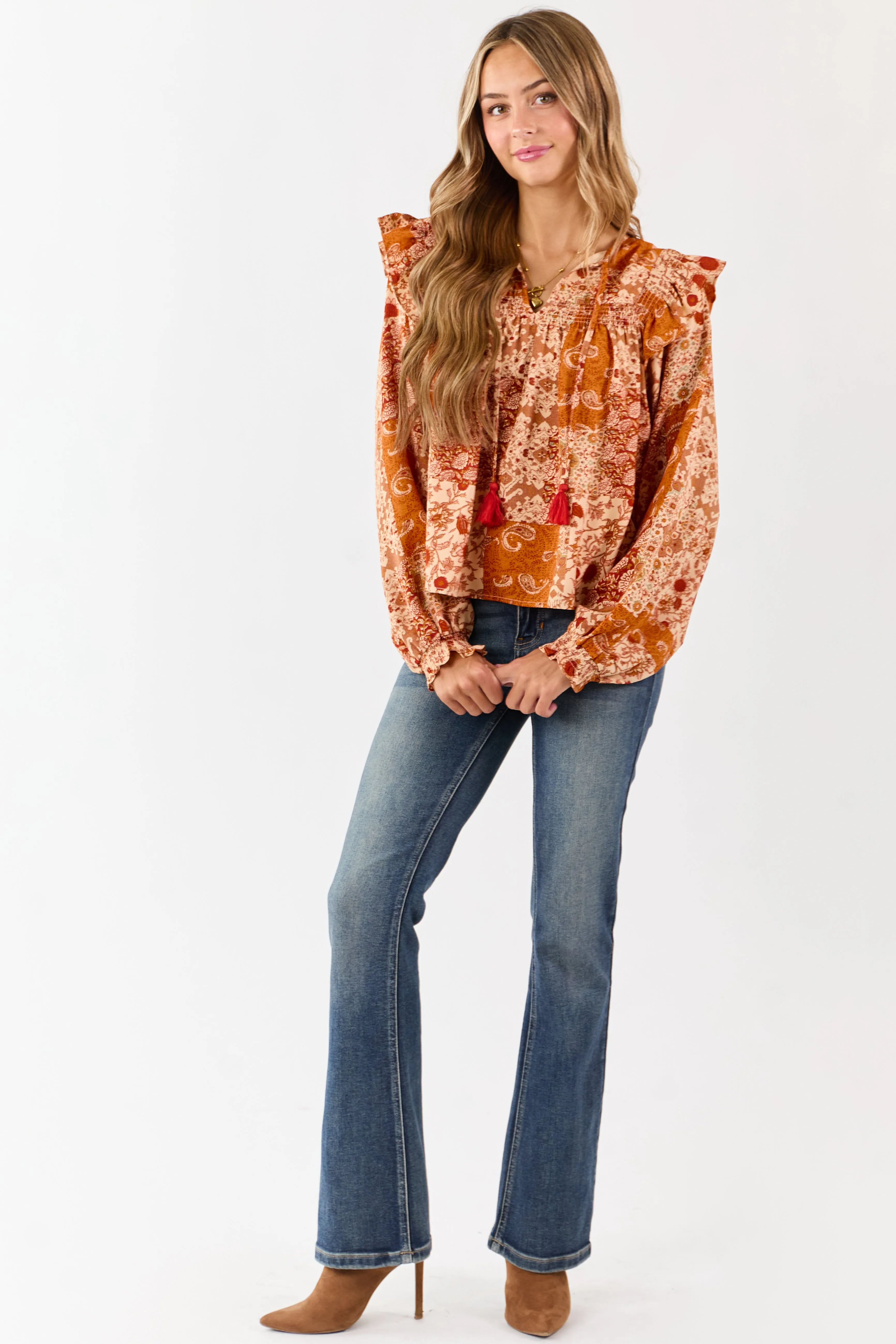 Sunrise Boho Paisley Patchwork Ruffled Cotton Blouse sold by Lime Lush product image thumbnail 2