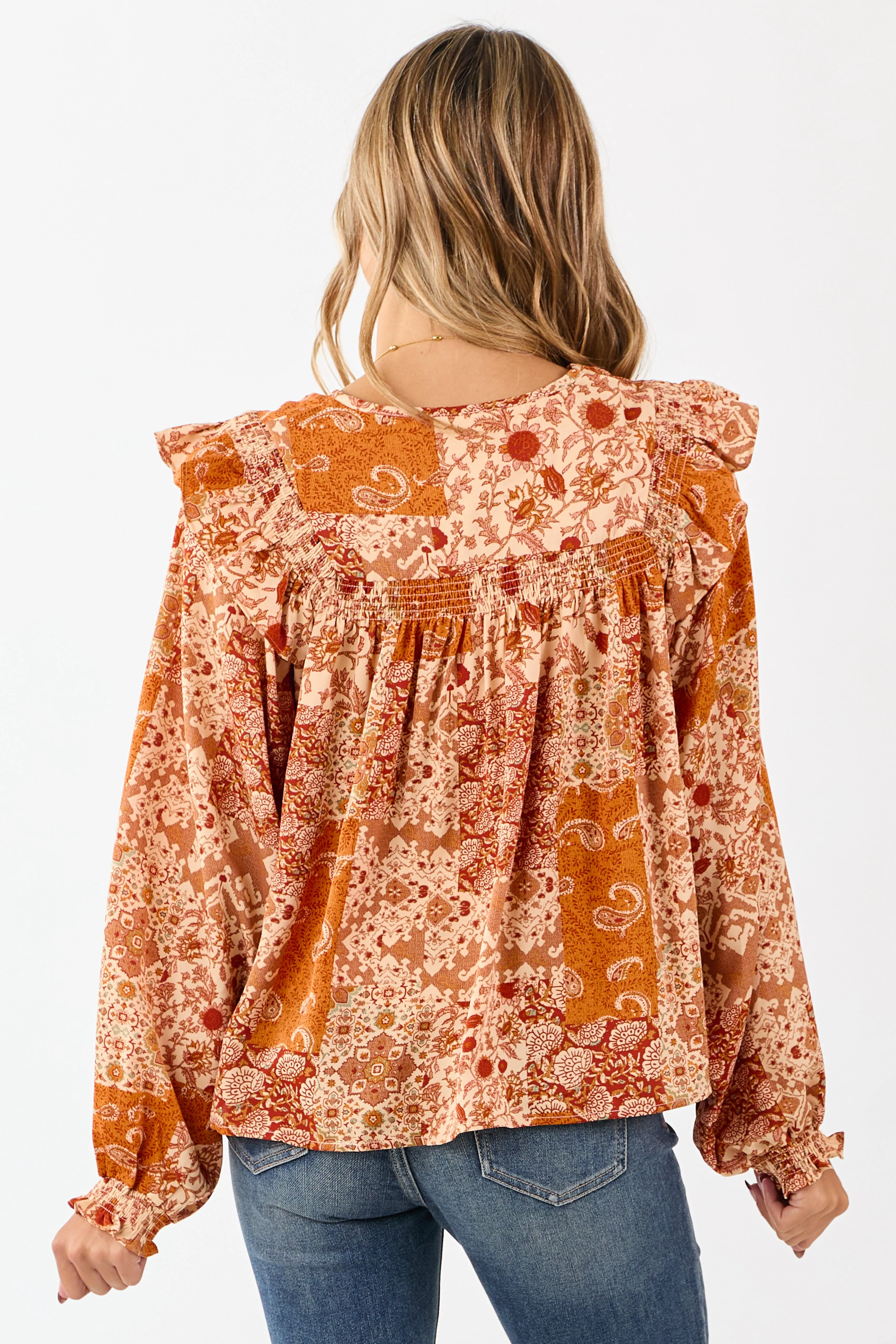 Sunrise Boho Paisley Patchwork Ruffled Cotton Blouse sold by Lime Lush product image thumbnail 5