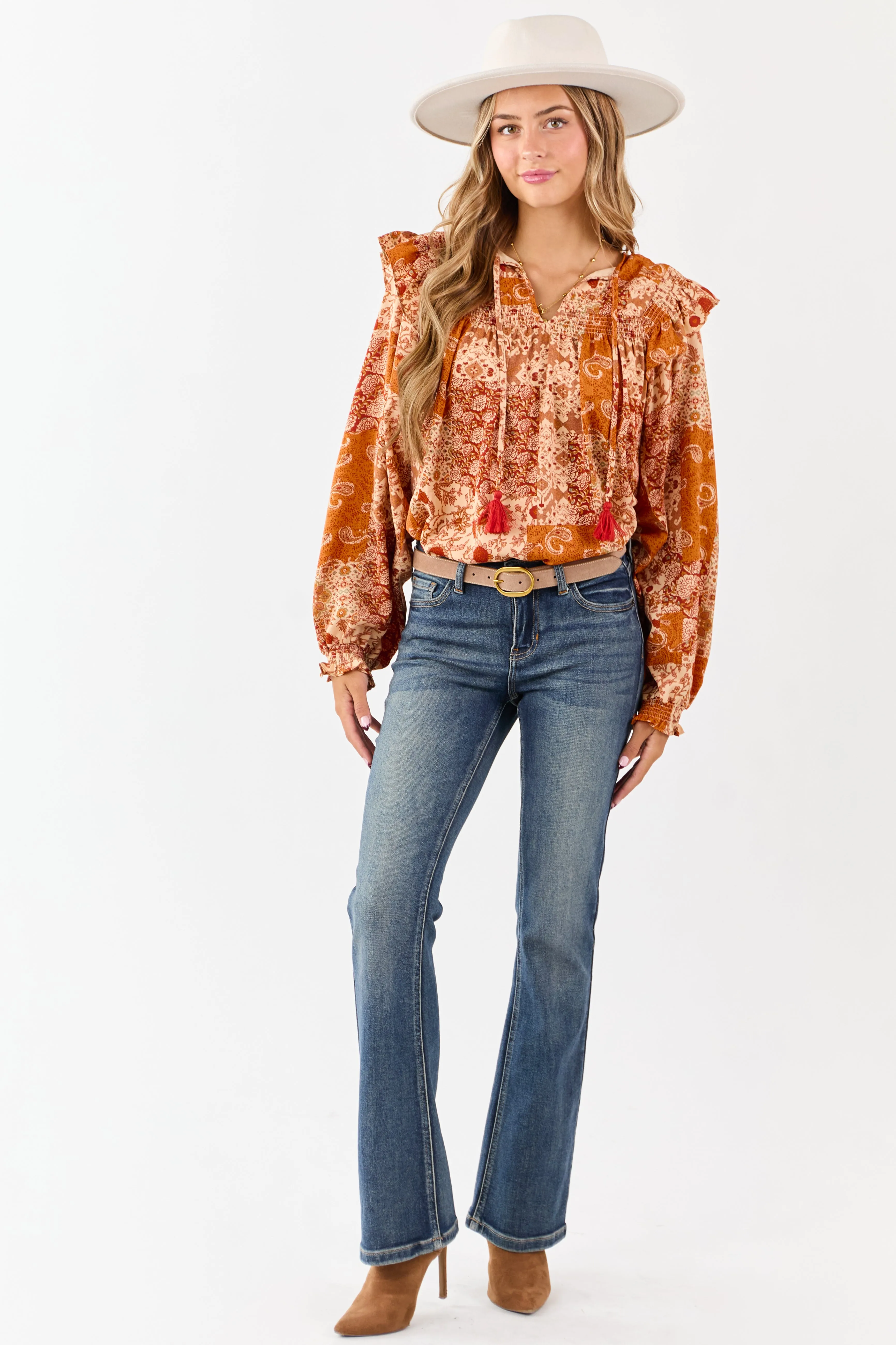 Sunrise Boho Paisley Patchwork Ruffled Cotton Blouse sold by Lime Lush product image thumbnail 3