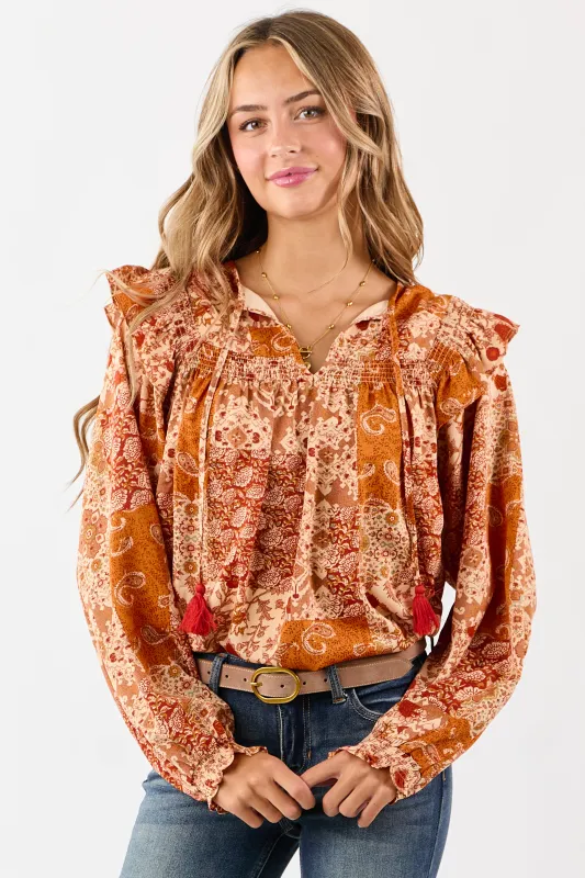 Sunrise Boho Paisley Patchwork Ruffled Cotton Blouse sold by Lime Lush