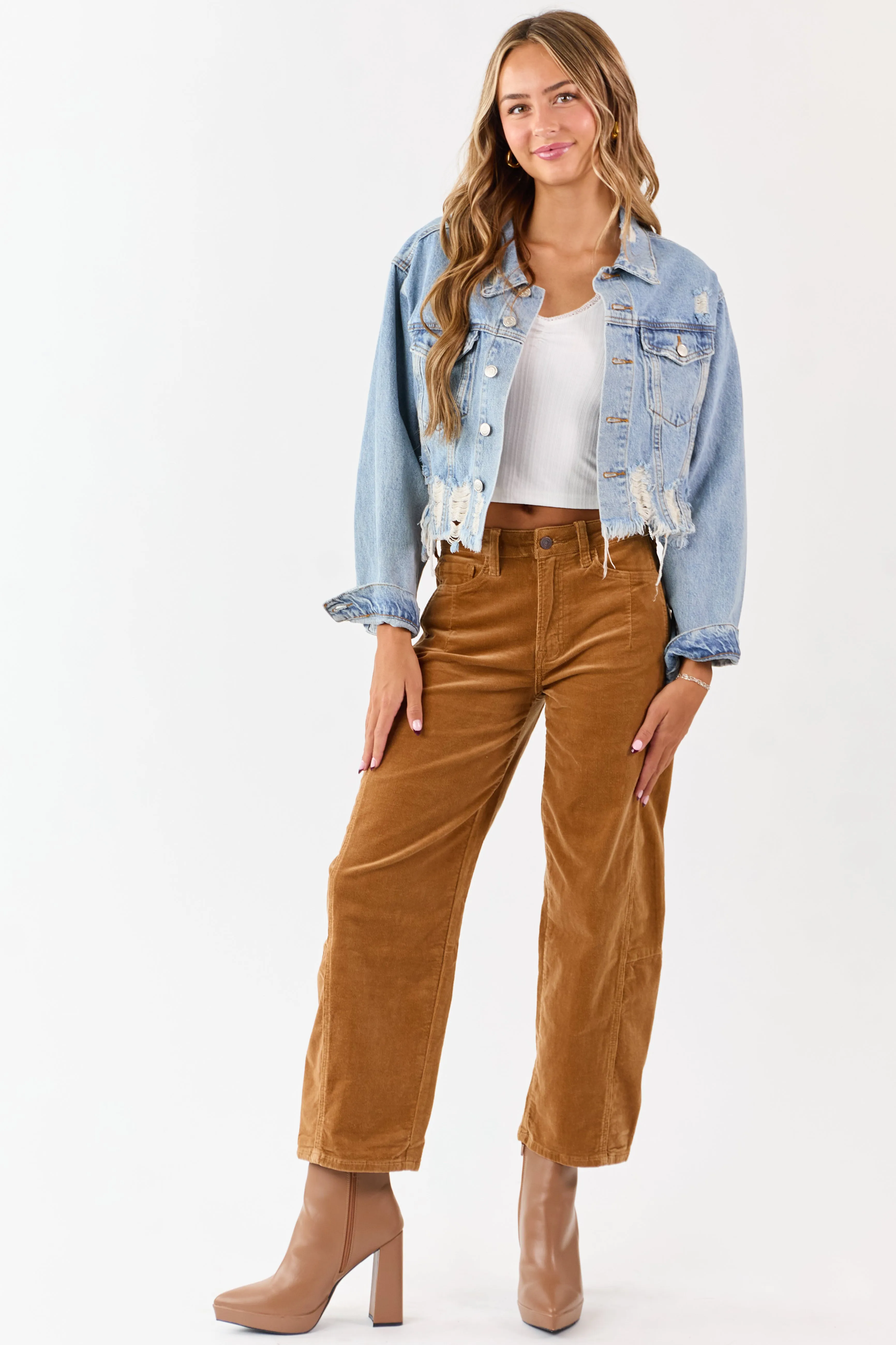 Vervet Peanut Corduroy High Rise Crop Barrel Pants sold by Lime Lush product image thumbnail 2
