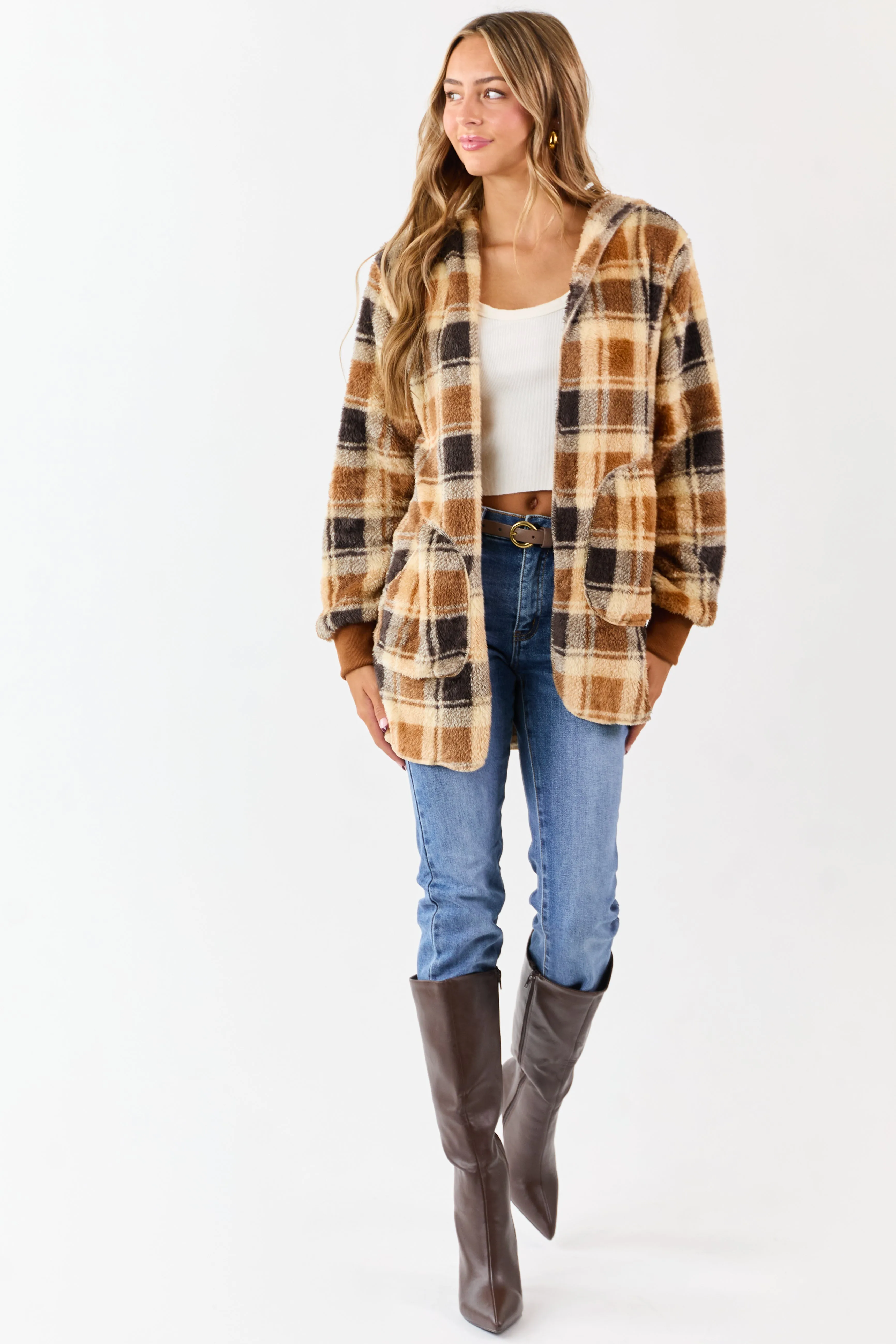Camel Faux Fur Plaid Open Front Hooded Cardigan sold by Lime Lush product image thumbnail 2