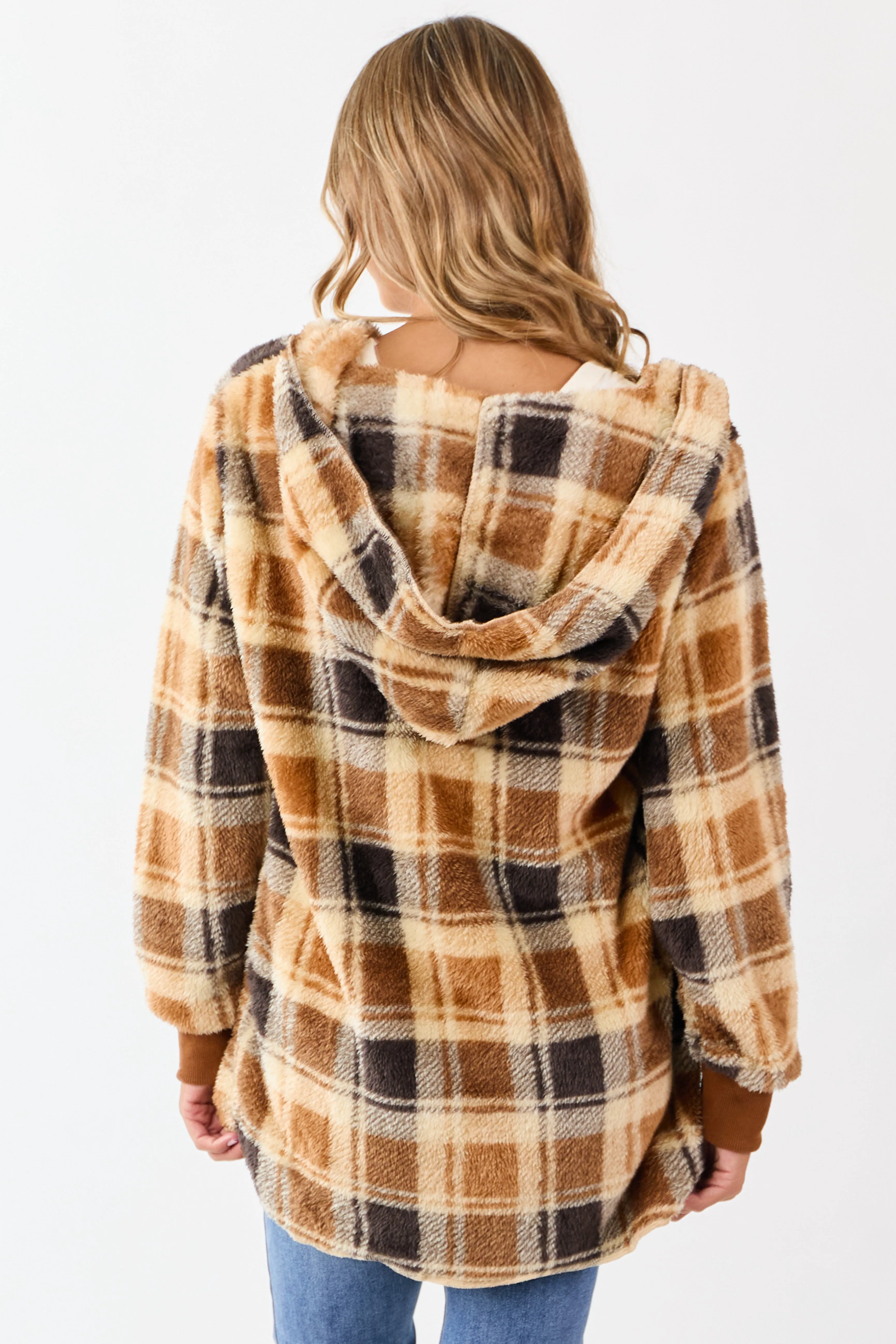 Camel Faux Fur Plaid Open Front Hooded Cardigan sold by Lime Lush product image thumbnail 5