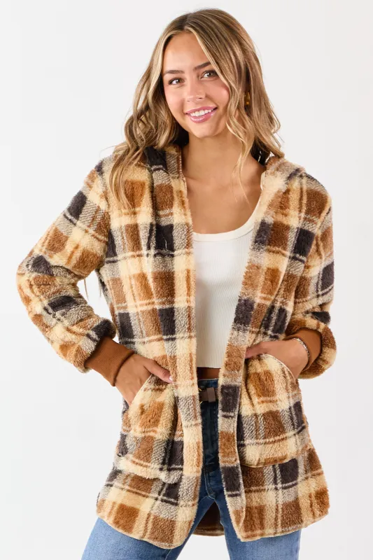 Camel Faux Fur Plaid Open Front Hooded Cardigan sold by Lime Lush