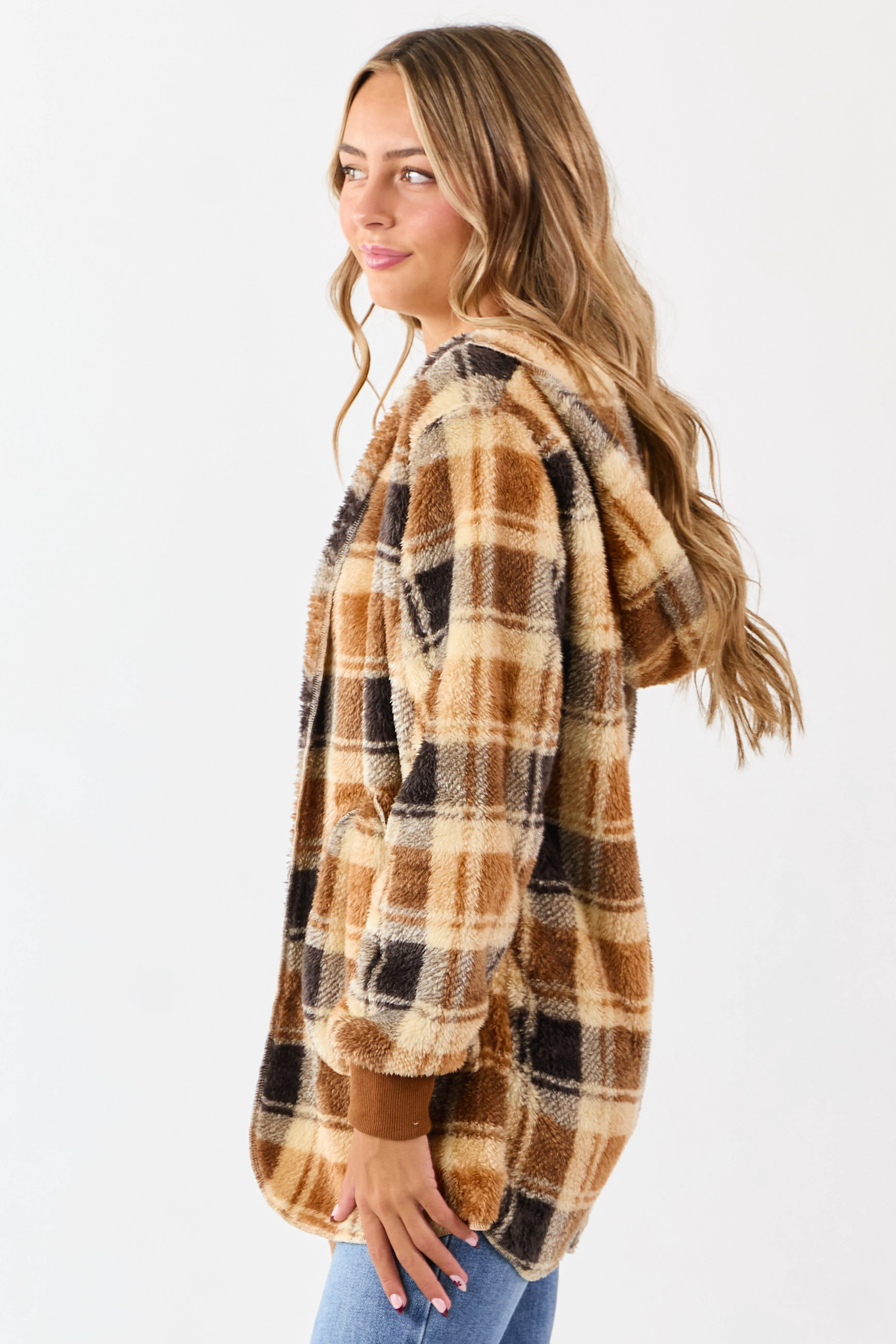 Camel Faux Fur Plaid Open Front Hooded Cardigan sold by Lime Lush product image thumbnail 4