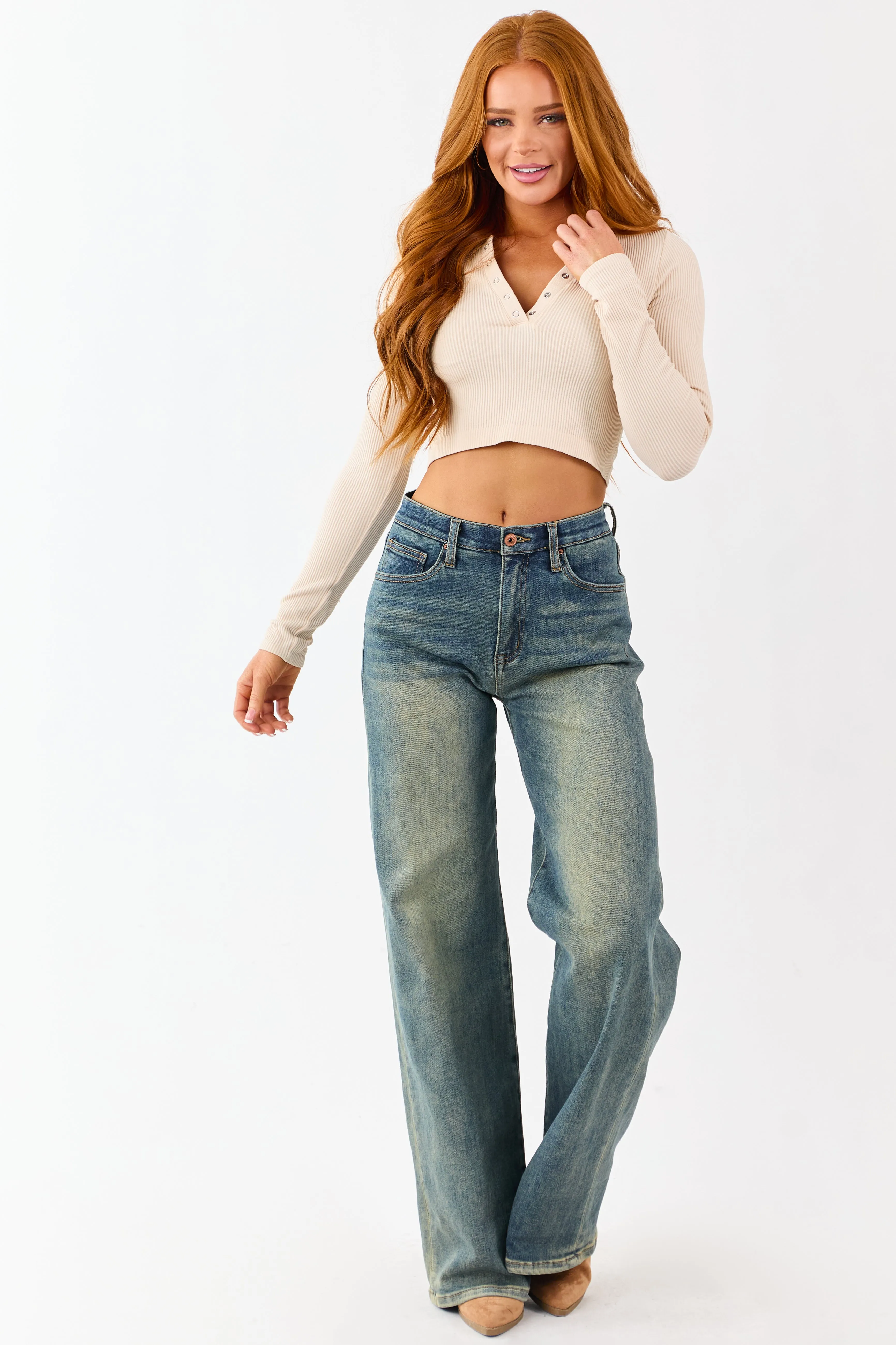 Champagne Rib Knit Cropped Long Sleeve Top sold by Lime Lush product image thumbnail 3