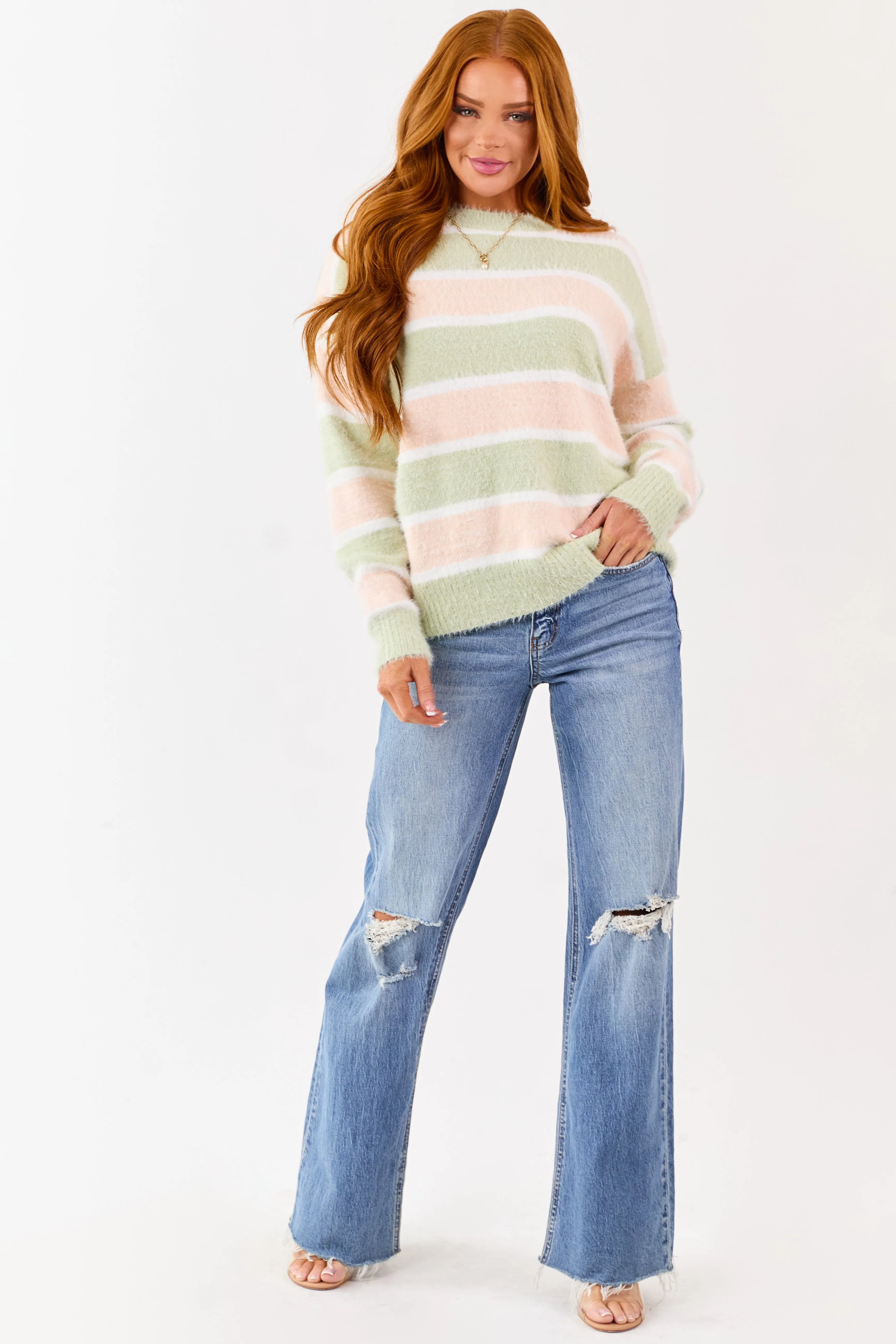 Sage and Tea Rose Striped Soft Fuzzy Knit Sweater sold by Lime Lush product image thumbnail 3