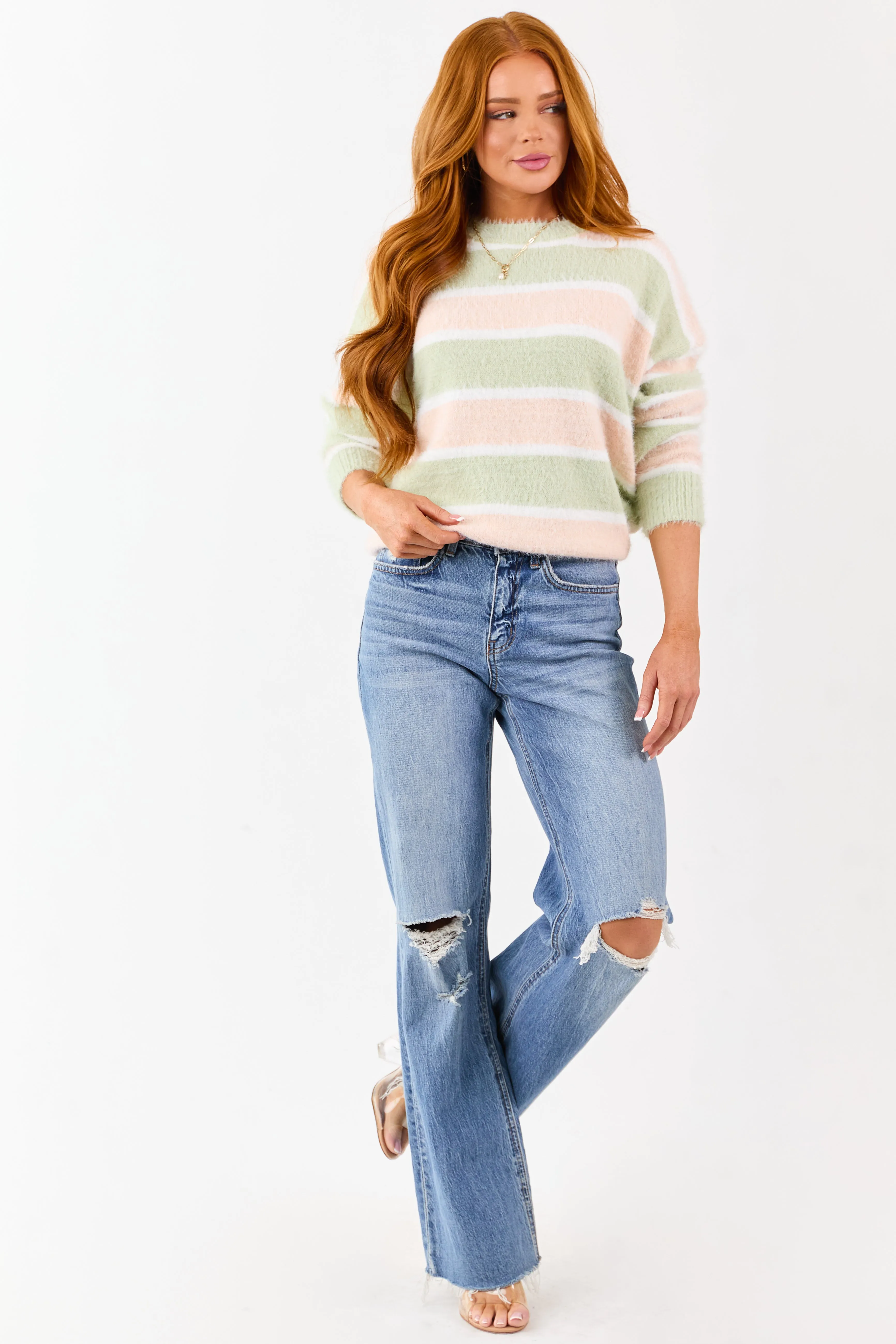 Sage and Tea Rose Striped Soft Fuzzy Knit Sweater sold by Lime Lush product image thumbnail 2