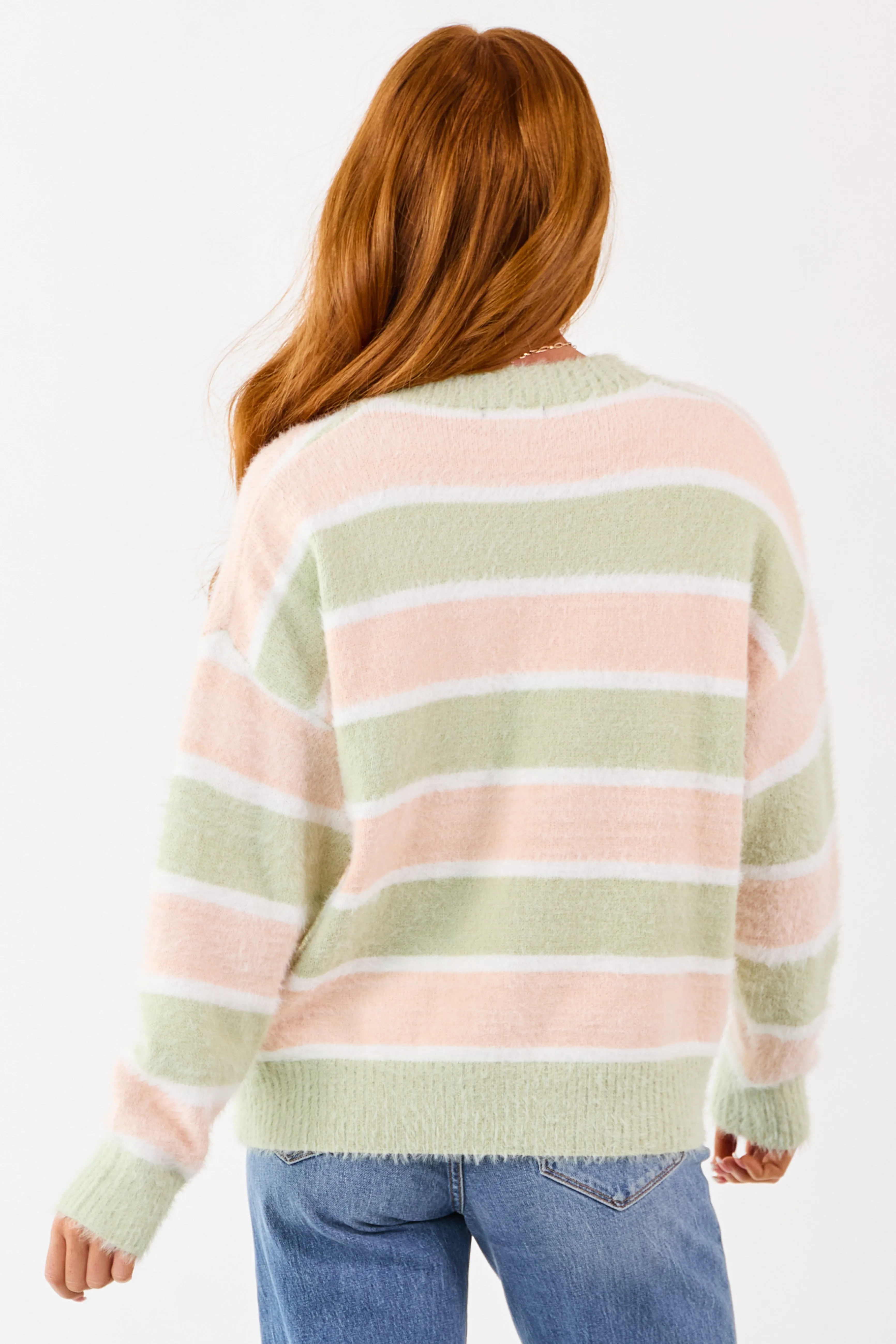 Sage and Tea Rose Striped Soft Fuzzy Knit Sweater sold by Lime Lush product image thumbnail 5