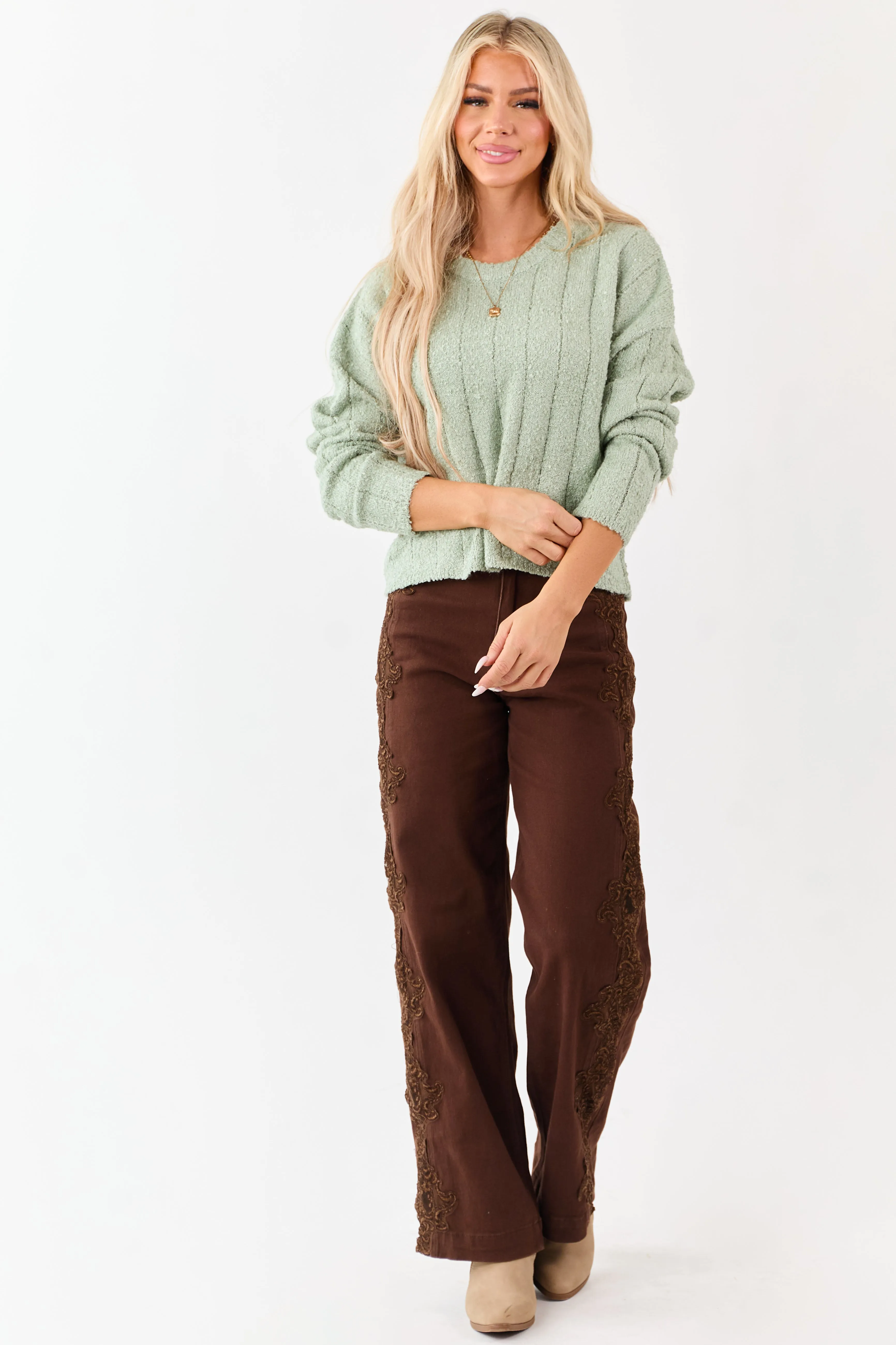 Sage Rib Texture Crew Neck Pullover Sweater sold by Lime Lush product image thumbnail 3