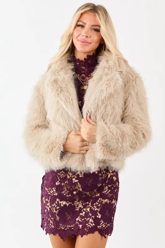 Oatmeal Button Down Collared Faux Fur Jacket sold by Lime Lush