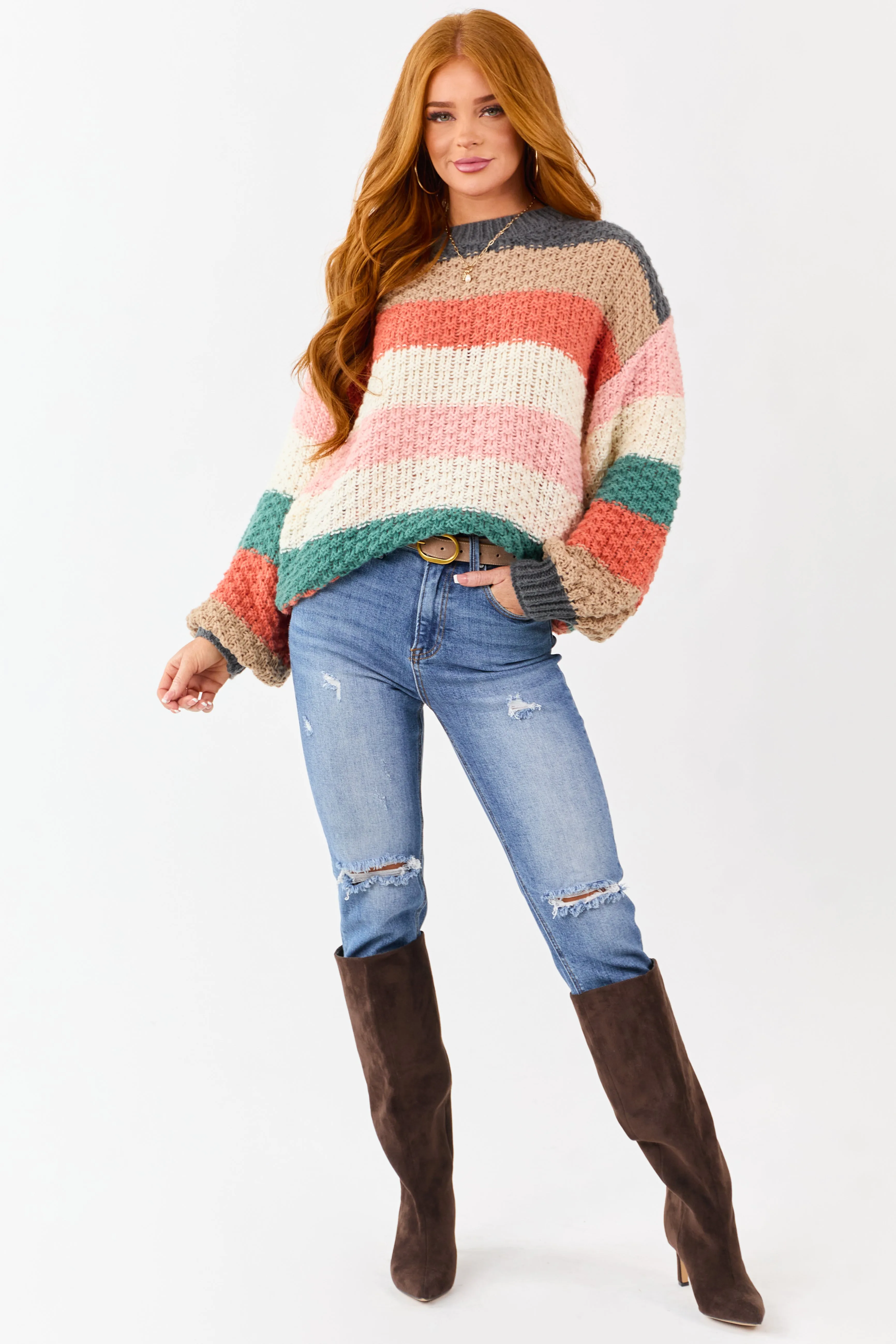 Multicolored Colorblock Stripe Relaxed Sweater sold by Lime Lush product image thumbnail 2