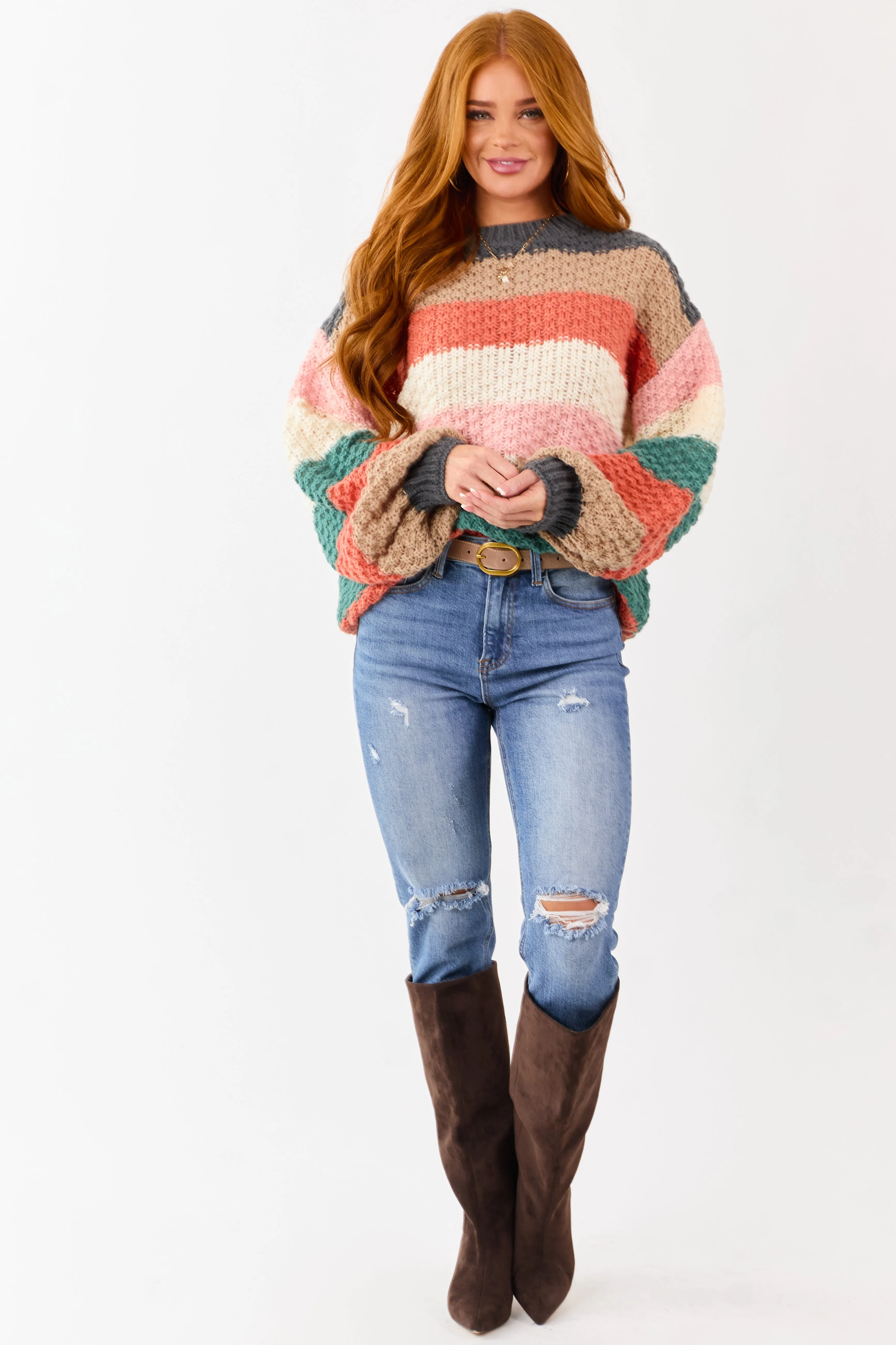 Multicolored Colorblock Stripe Relaxed Sweater sold by Lime Lush product image thumbnail 3