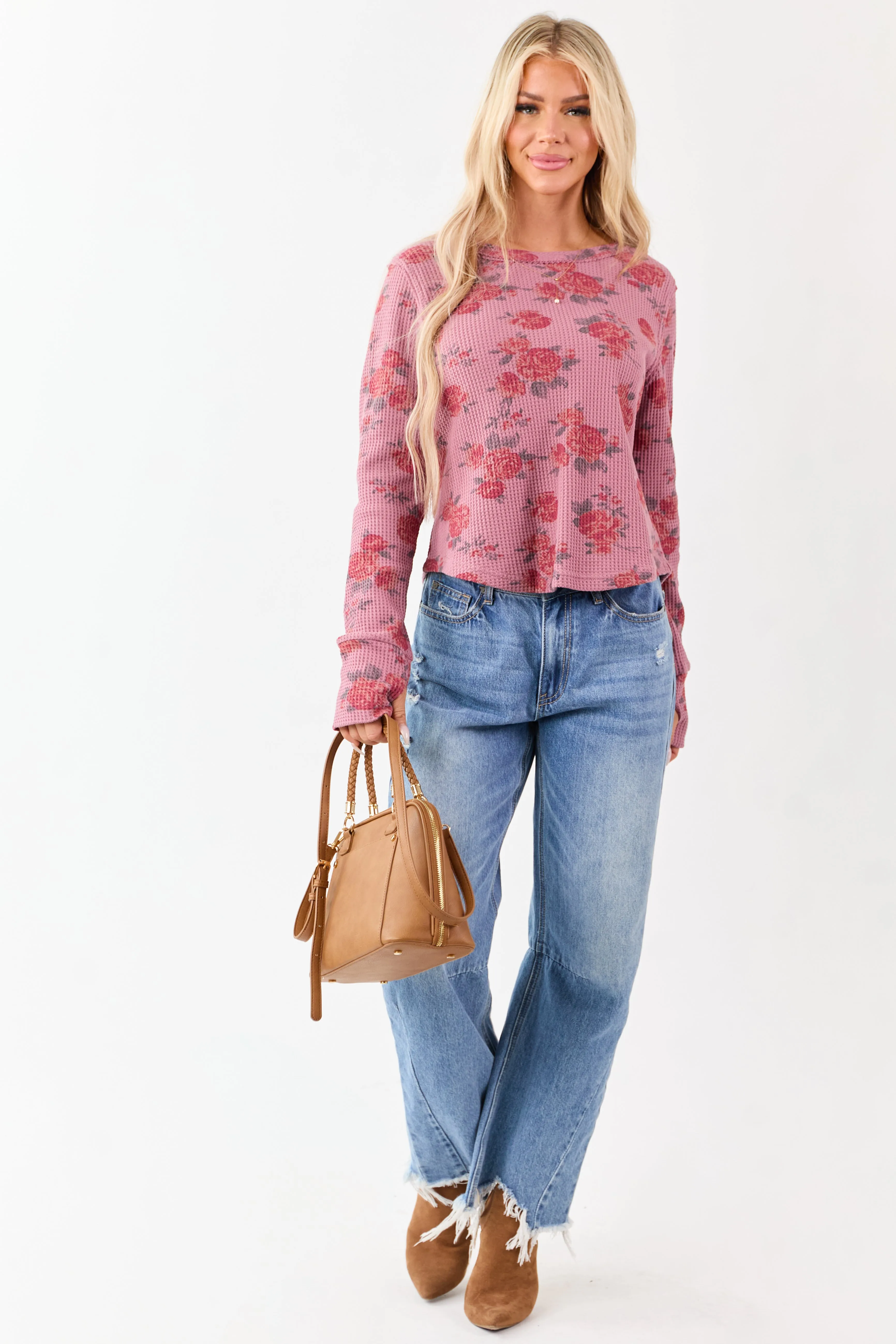 Mulberry Rose Print Waffle Knit Long Sleeve Top sold by Lime Lush product image thumbnail 3