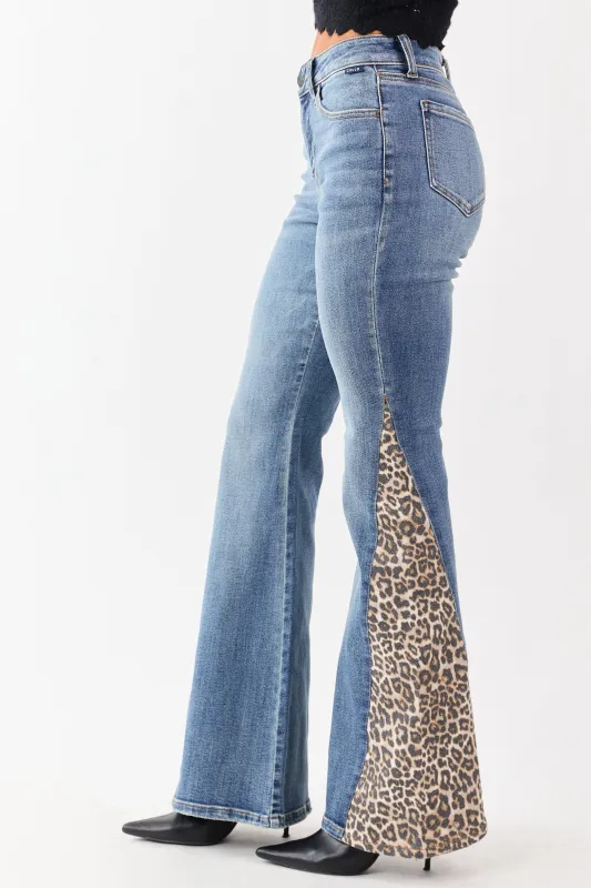 Cello Medium Wash Leopard Panel Flare Stretchy Jeans sold by Lime Lush