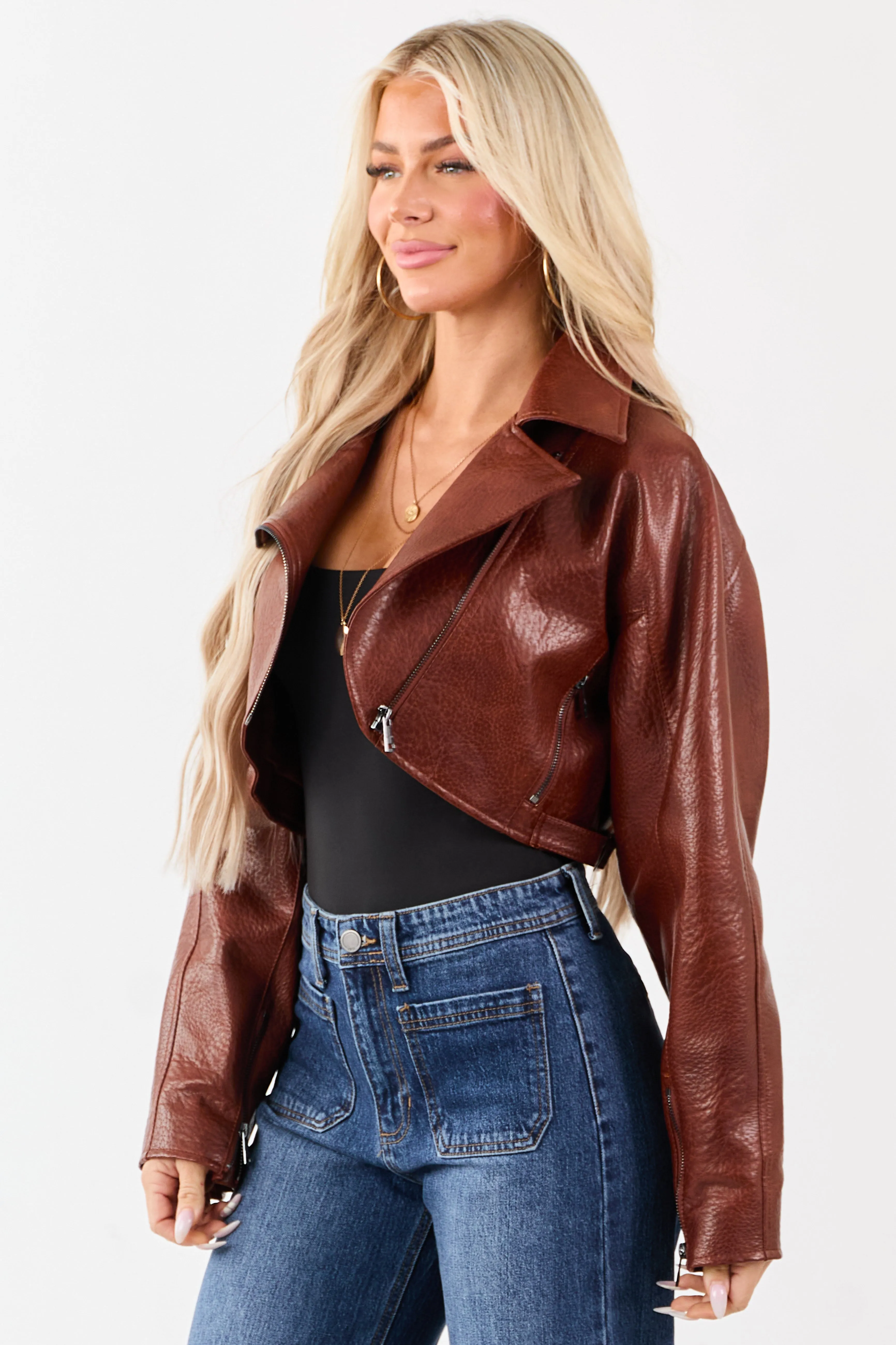 Cinnamon Faux Leather Cropped Zip Up Moto Jacket sold by Lime Lush product image thumbnail 4