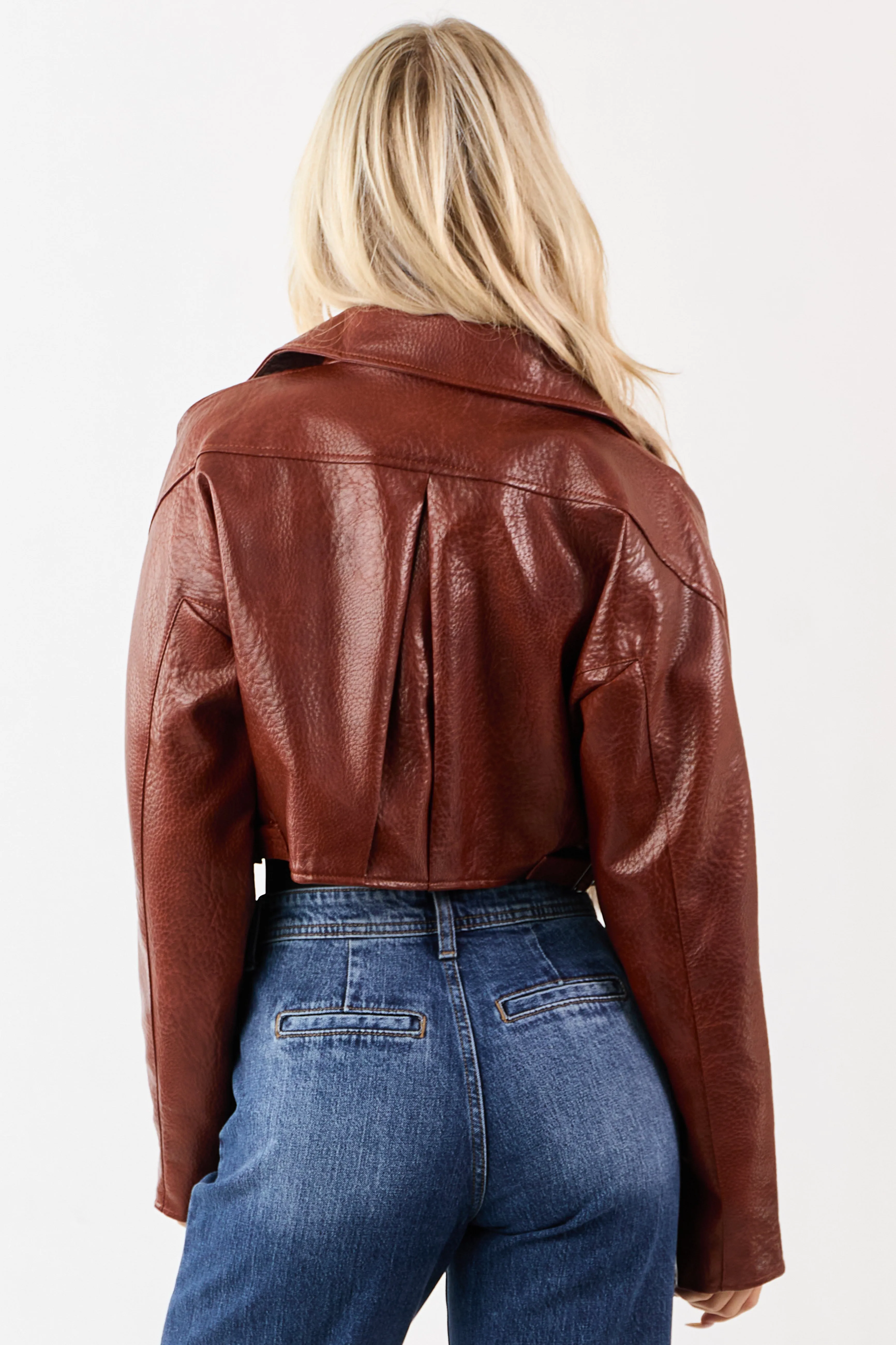 Cinnamon Faux Leather Cropped Zip Up Moto Jacket sold by Lime Lush product image thumbnail 5