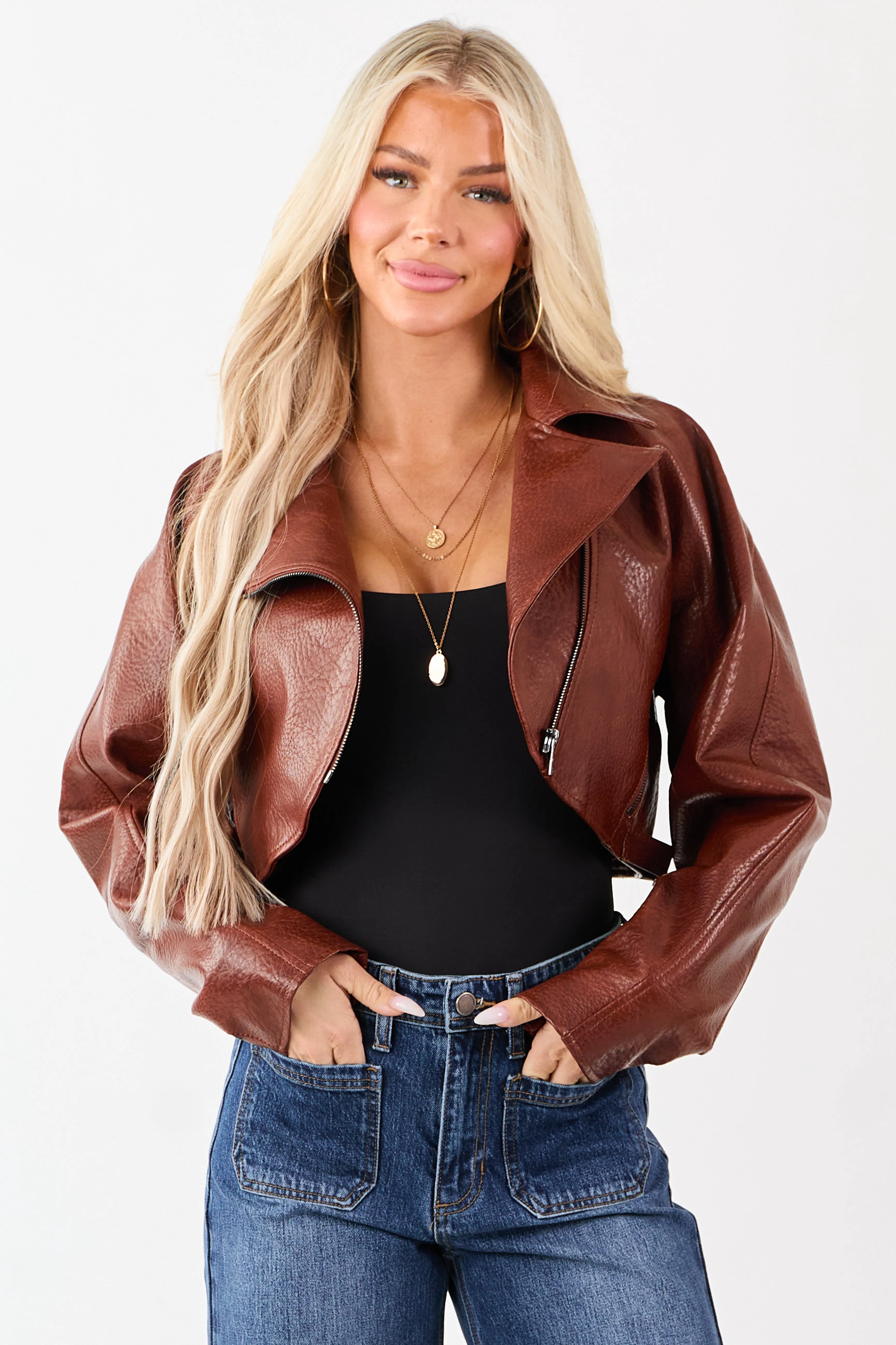 Cinnamon Faux Leather Cropped Zip Up Moto Jacket sold by Lime Lush