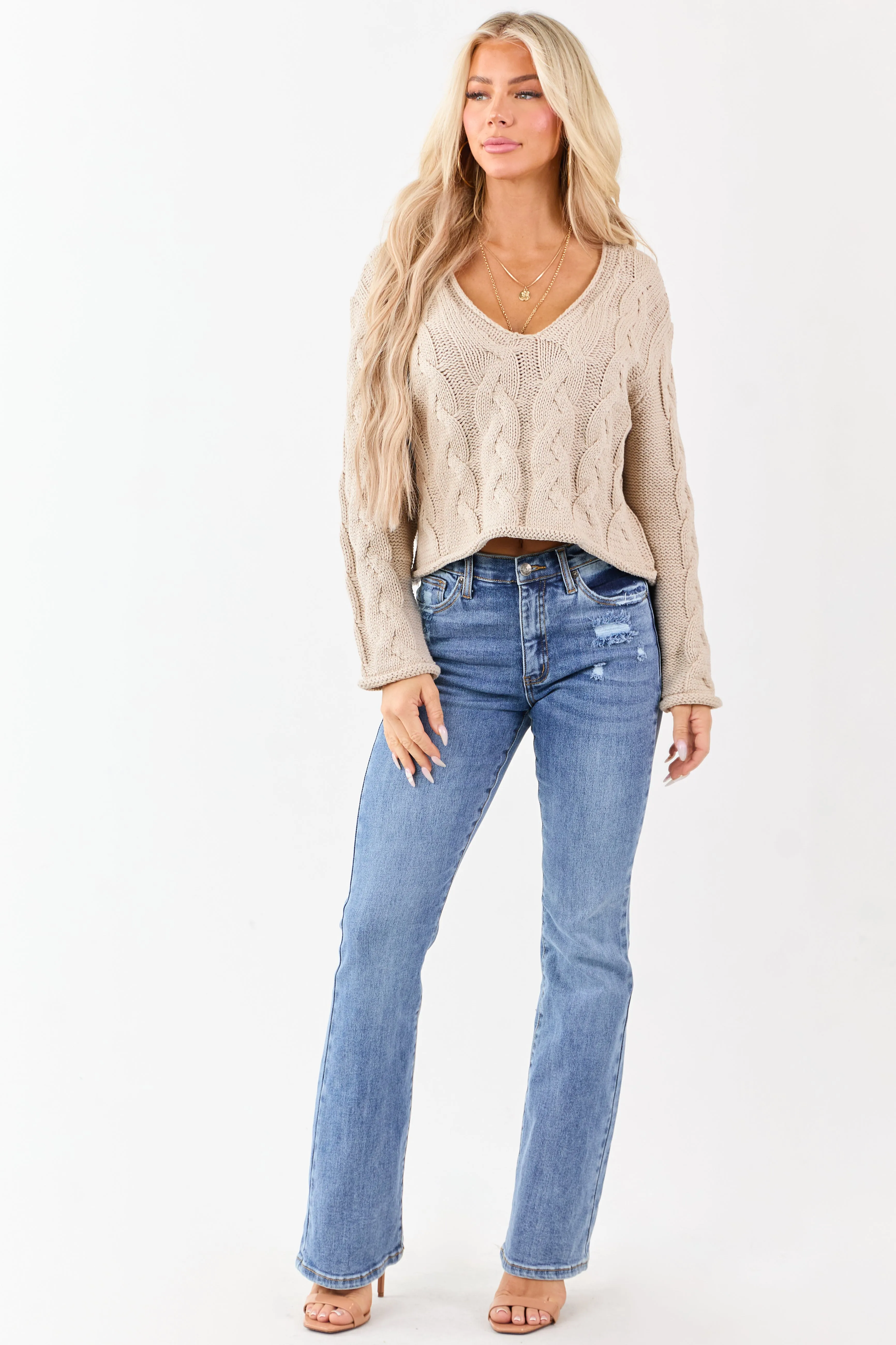 Oatmeal Cable Knit V-Neck Long Sleeve Sweater sold by Lime Lush product image thumbnail 2