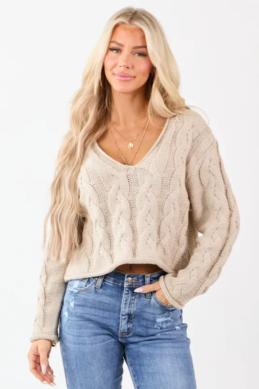 Oatmeal Cable Knit V-Neck Long Sleeve Sweater sold by Lime Lush