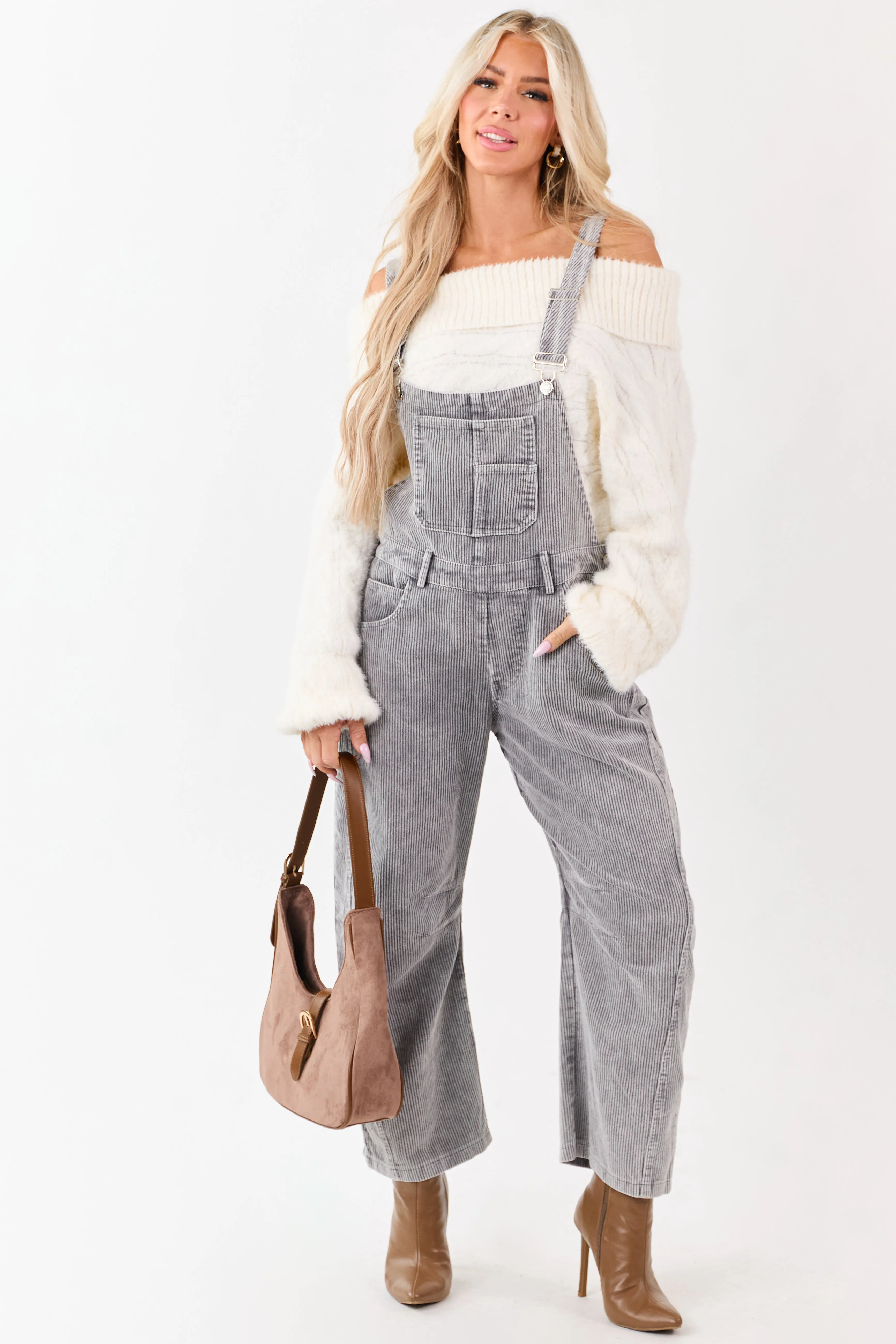 Lovelo Graphite Corduroy Straight Leg Overalls sold by Lime Lush product image thumbnail 2