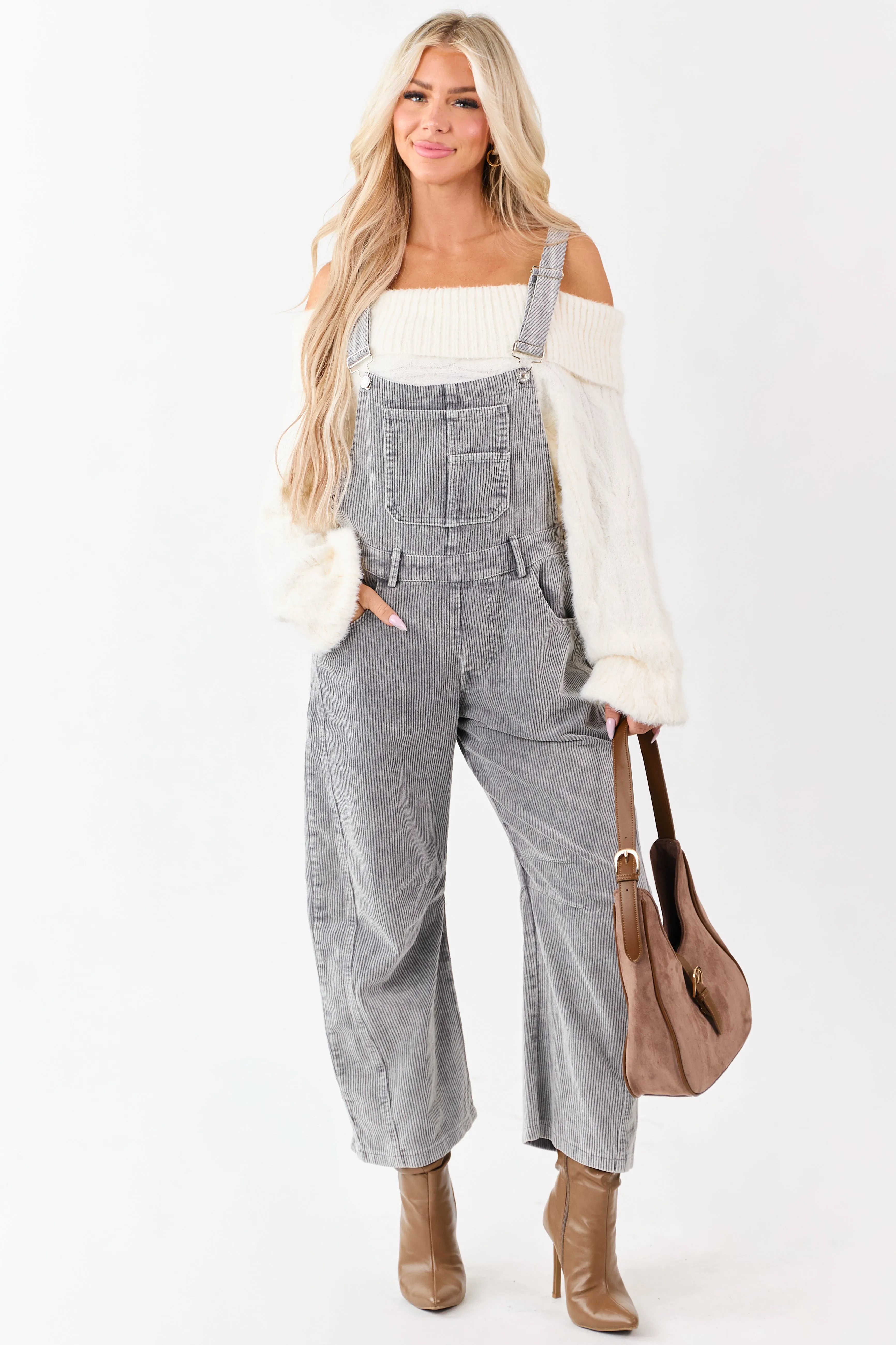 Lovelo Graphite Corduroy Straight Leg Overalls sold by Lime Lush