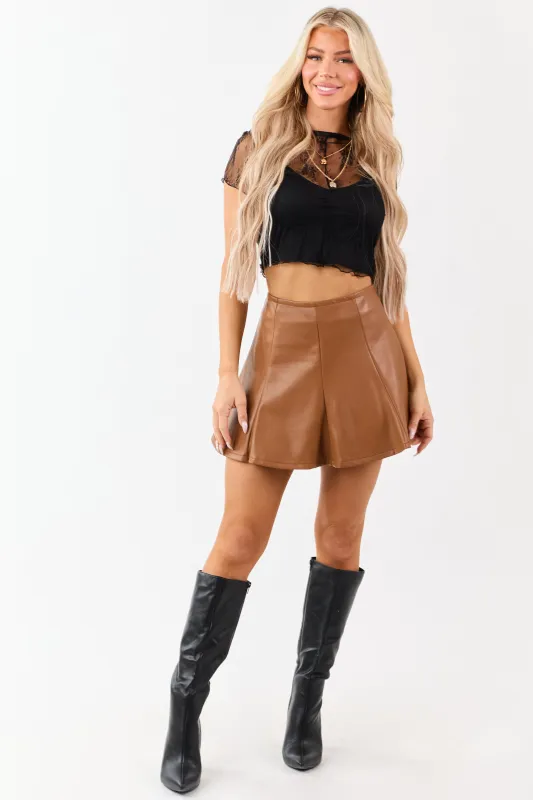 Cognac Faux Leather Flare Mini Skirt sold by Lime Lush
