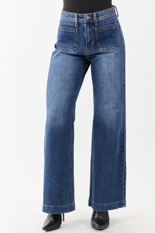Dark Wash Patch Pocket High Rise Wide Leg Jeans sold by Lime Lush