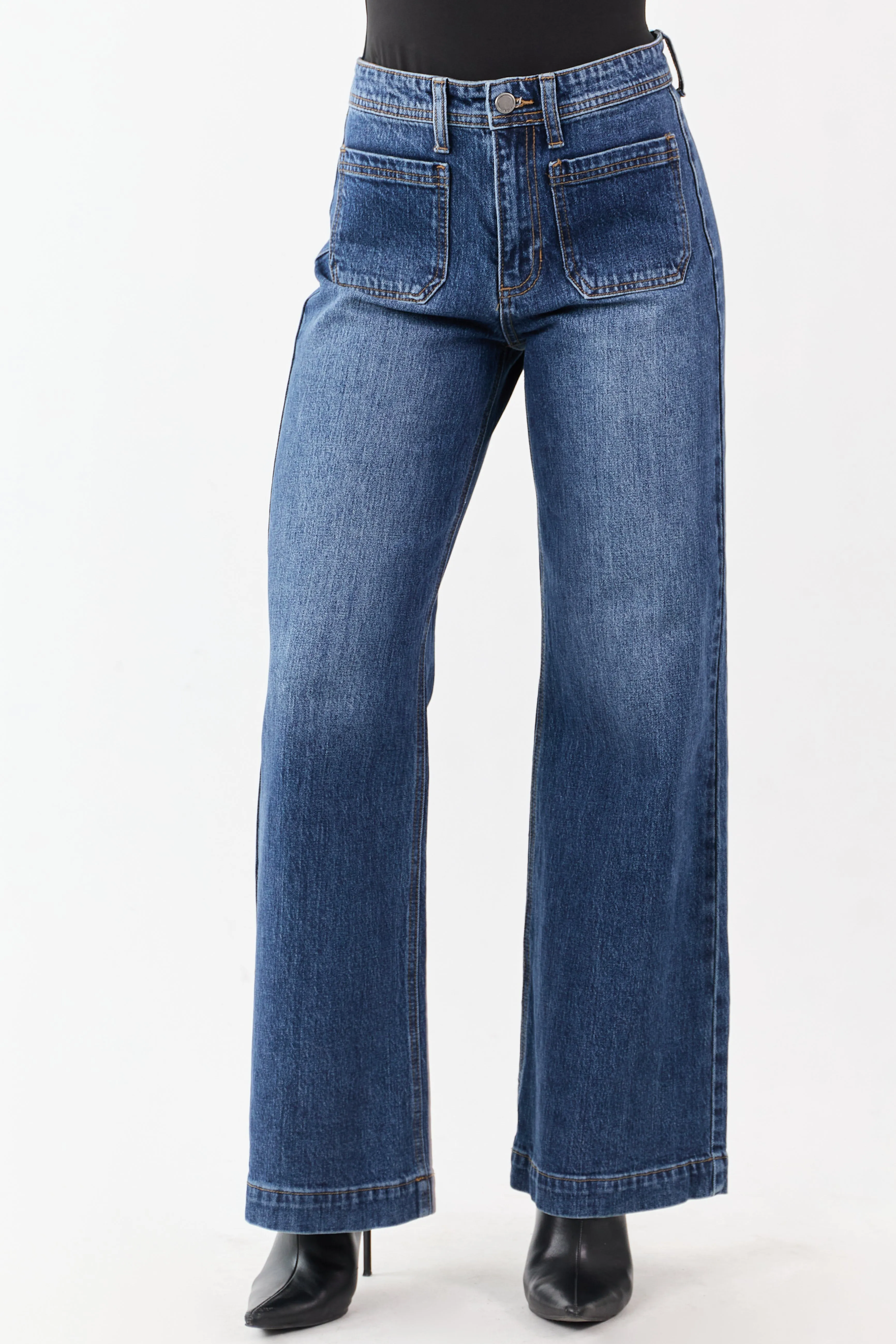 Dark Wash Patch Pocket High Rise Wide Leg Jeans sold by Lime Lush