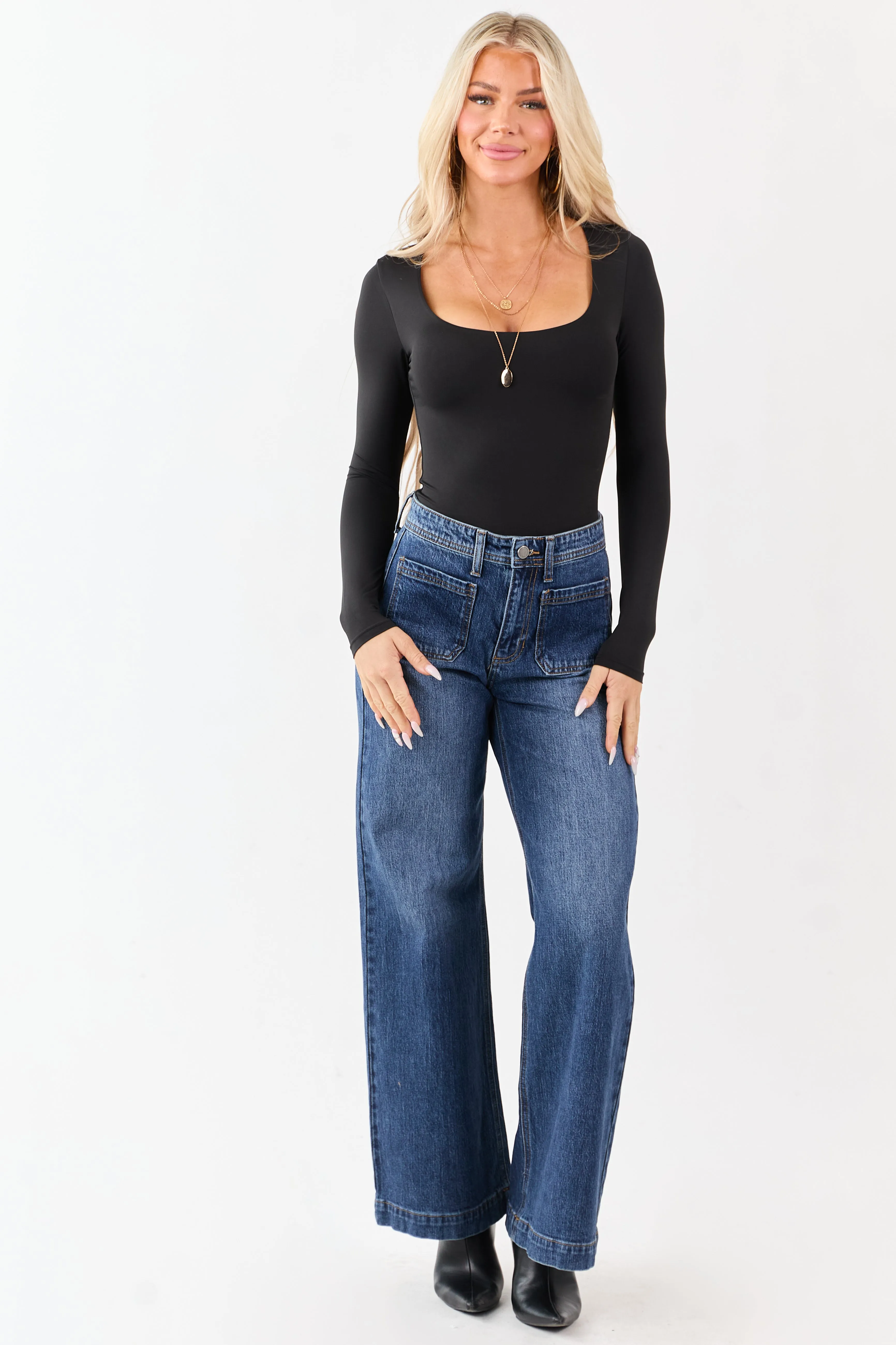 Dark Wash Patch Pocket High Rise Wide Leg Jeans sold by Lime Lush product image thumbnail 2